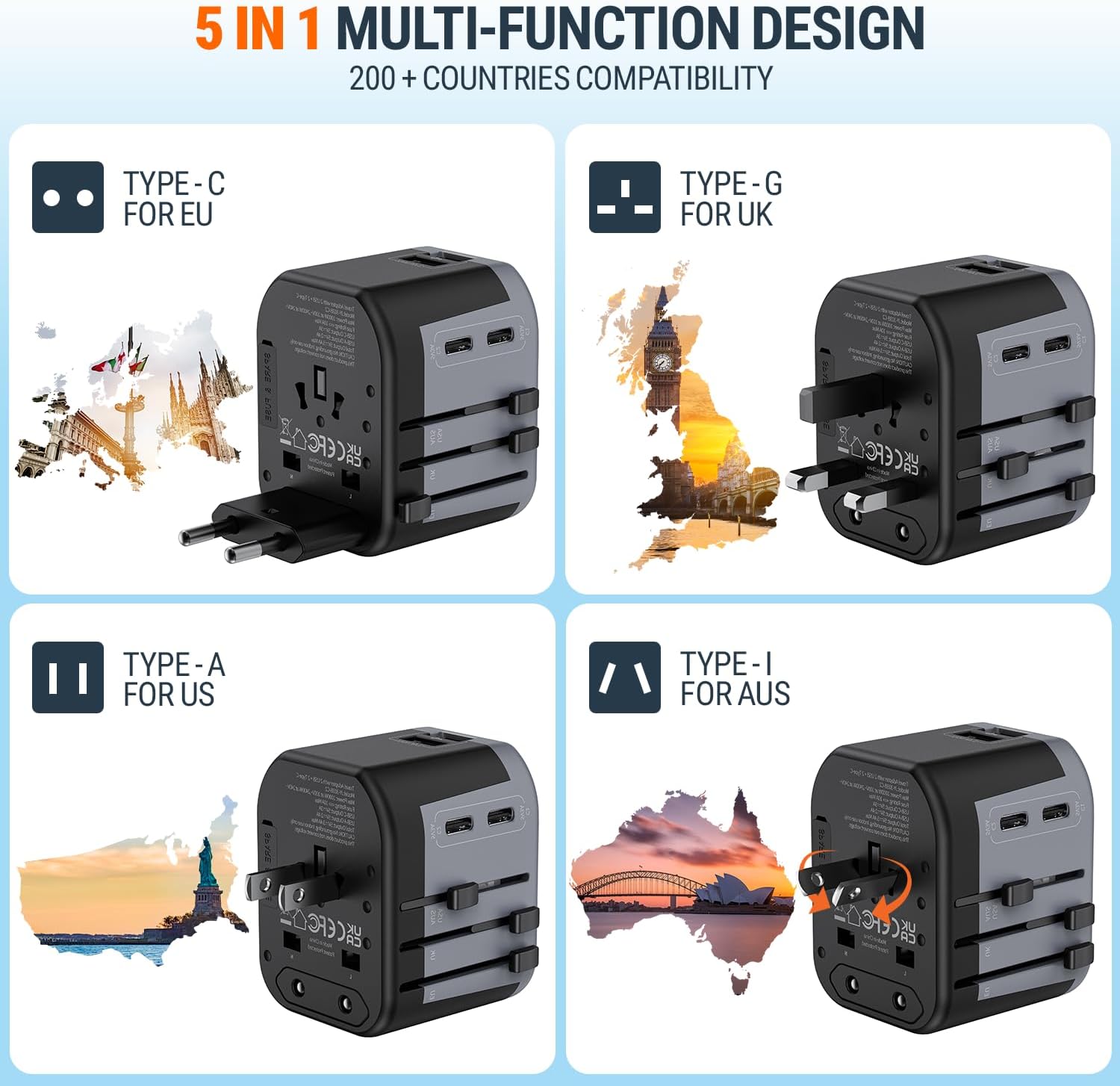 5 in 1 Universal Travel Adapter-10A | International Power Adapter with 2 USB C, 2 USB A Ports | 3.4A & 2400W Fast Portable Charger | Travel Adapter Worldwide Covering 200+ Countries- Black - Image 2