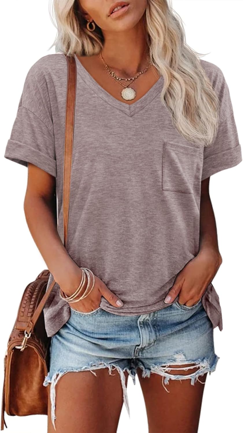 ATHMILE Womens T Shirts 2026 Short Sleeve V-Neck Shirts Cute Fit Summer Casual Tee Tops S-XXL
