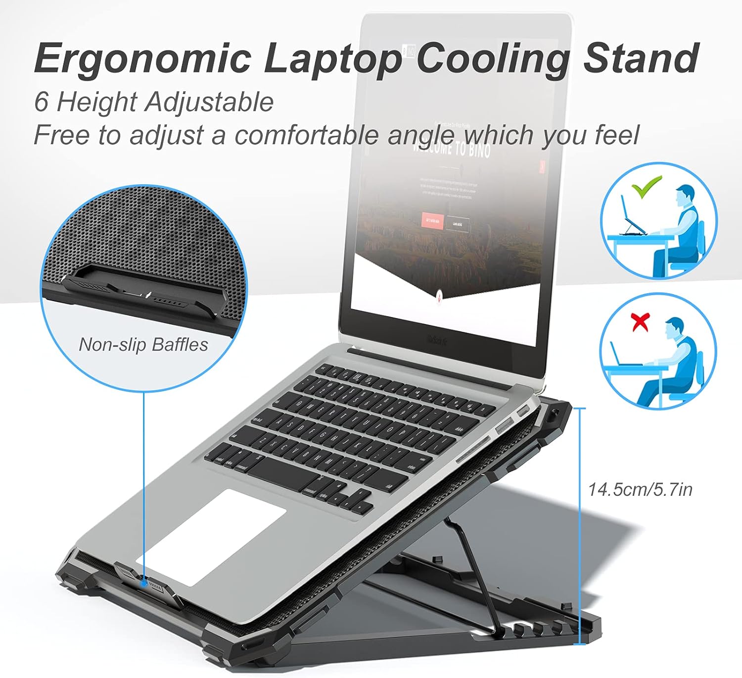 ICE COOREL Laptop Cooling Pad with 6 Cooling Fans, Cooling Pad for Laptop Fan 13-15.6 Inch, Laptop Cooler Stand with 6 Height Adjustable, Notebook Cooler Pad with Two USB Port - Image 3