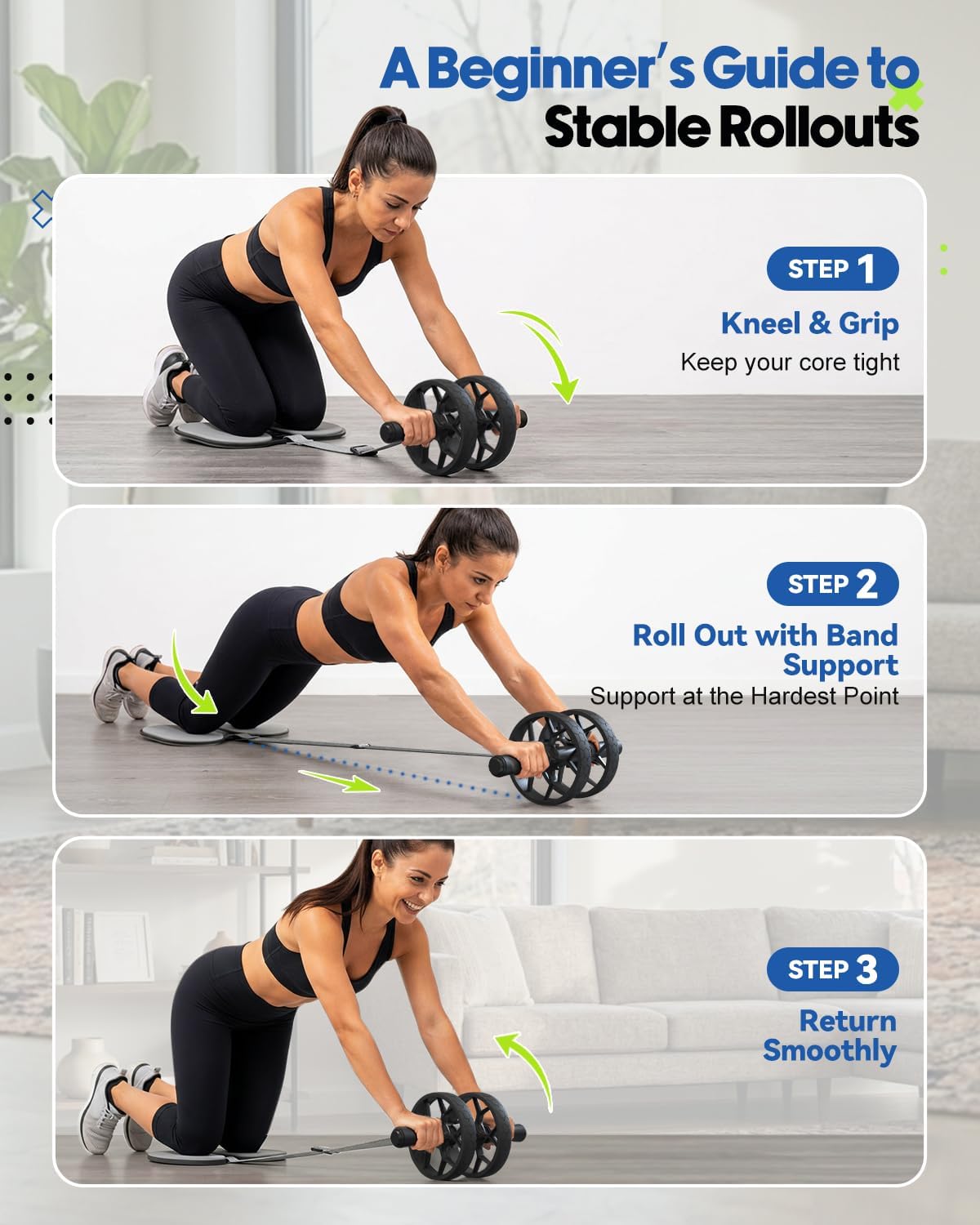 VINSGUIR Ab Roller Wheel for Beginners to Pros, Ab Roller with Adjustable & Detachable Resistance Band, Core Workout Equipment for Home Gym, Abdominal Wheel with Exercise Guide and Knee Pad, Men Women - Image 6