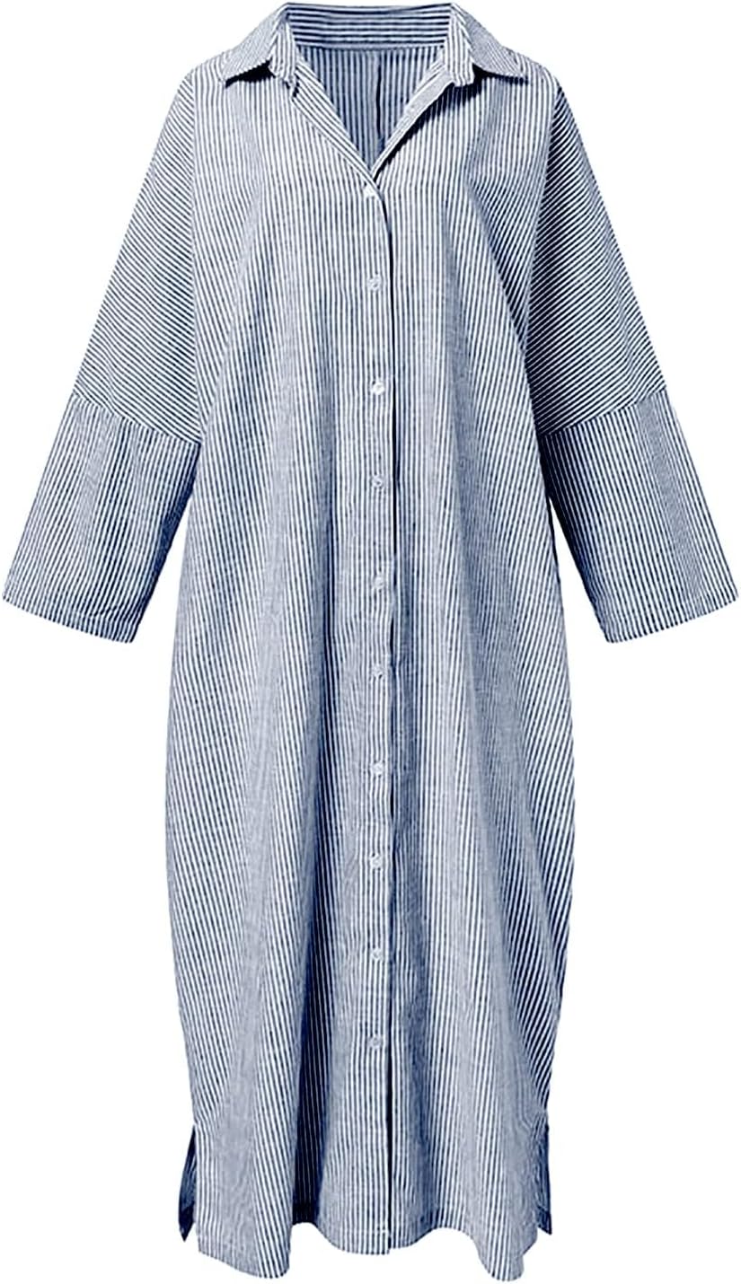 chouyatou Women's Casual Long Sleeve Button Down Loose Striped Cotton Maxi Shirt Dress - Image 3
