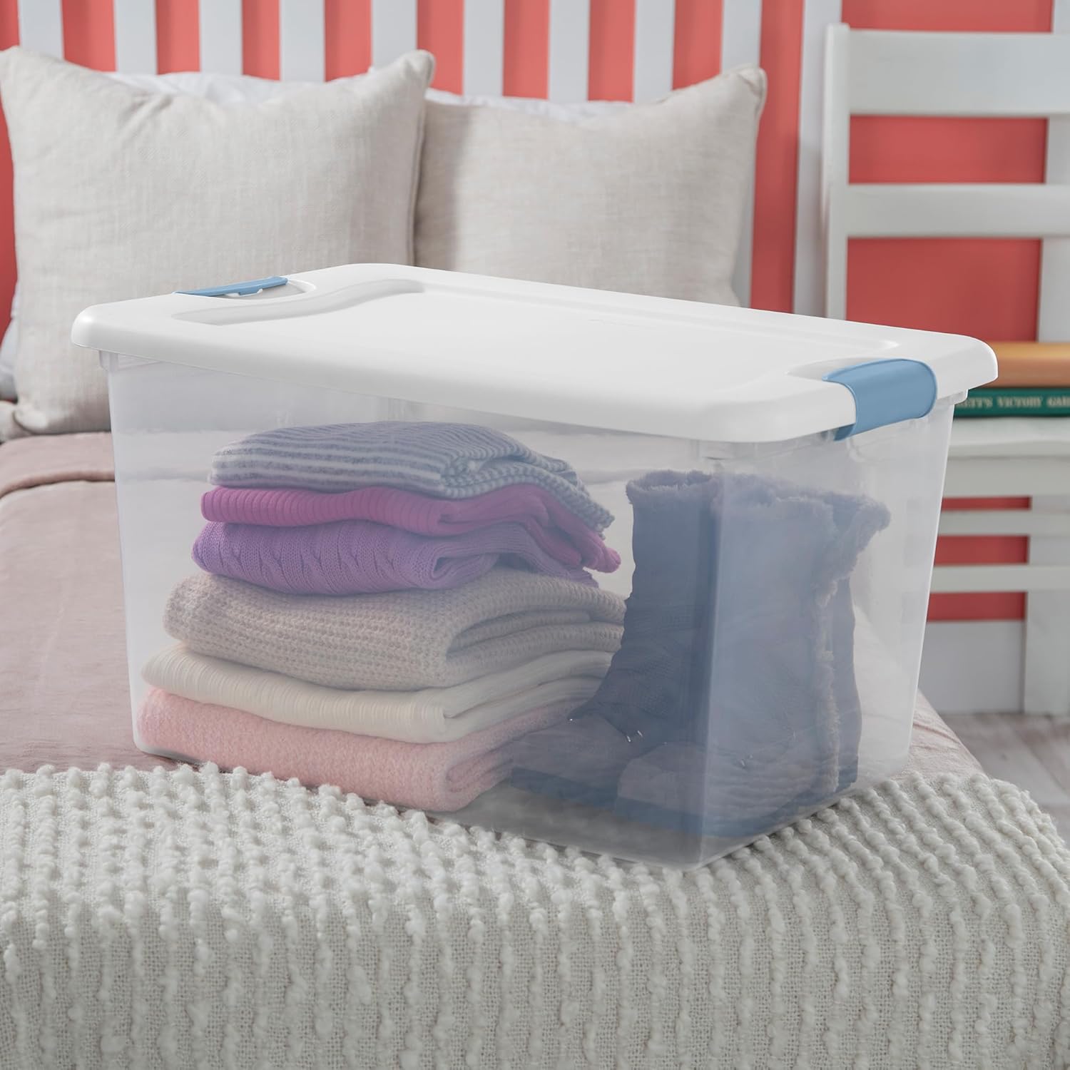 Sterilite 4-Pack 64 Quart Latching Box, Clear Plastic Storage Organizer Bins with White Lids - Large Stackable Containers for Home Bedroom, Dorm Room, and Closet Organization - Image 6