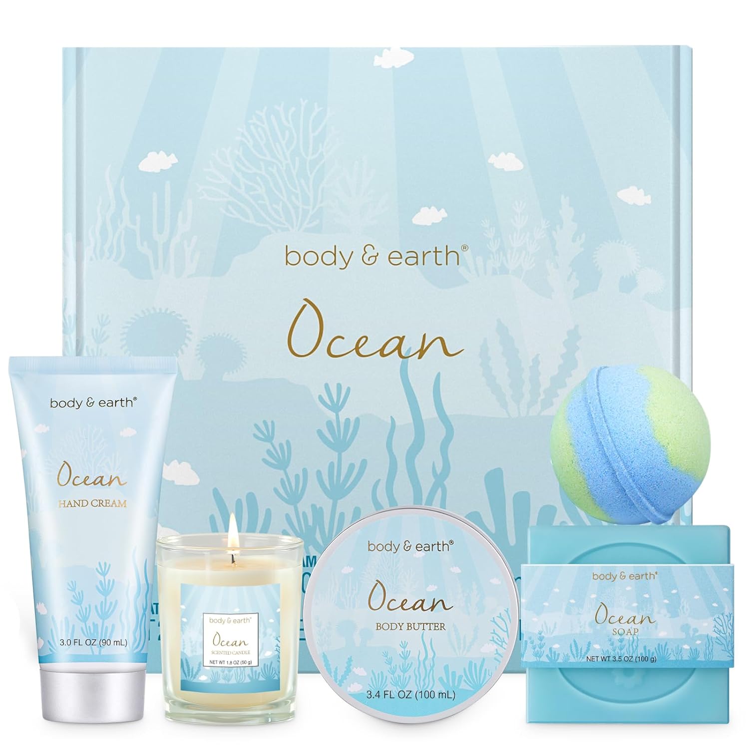 Gifts for Women, Bath and Body Womens Gift Sets with 5 Pcs Ocean Scented Spa Gifts for Women Bath Gift with Scented Candle Body Butter Hand Cream Bath Bomb Mothers Day Gifts
