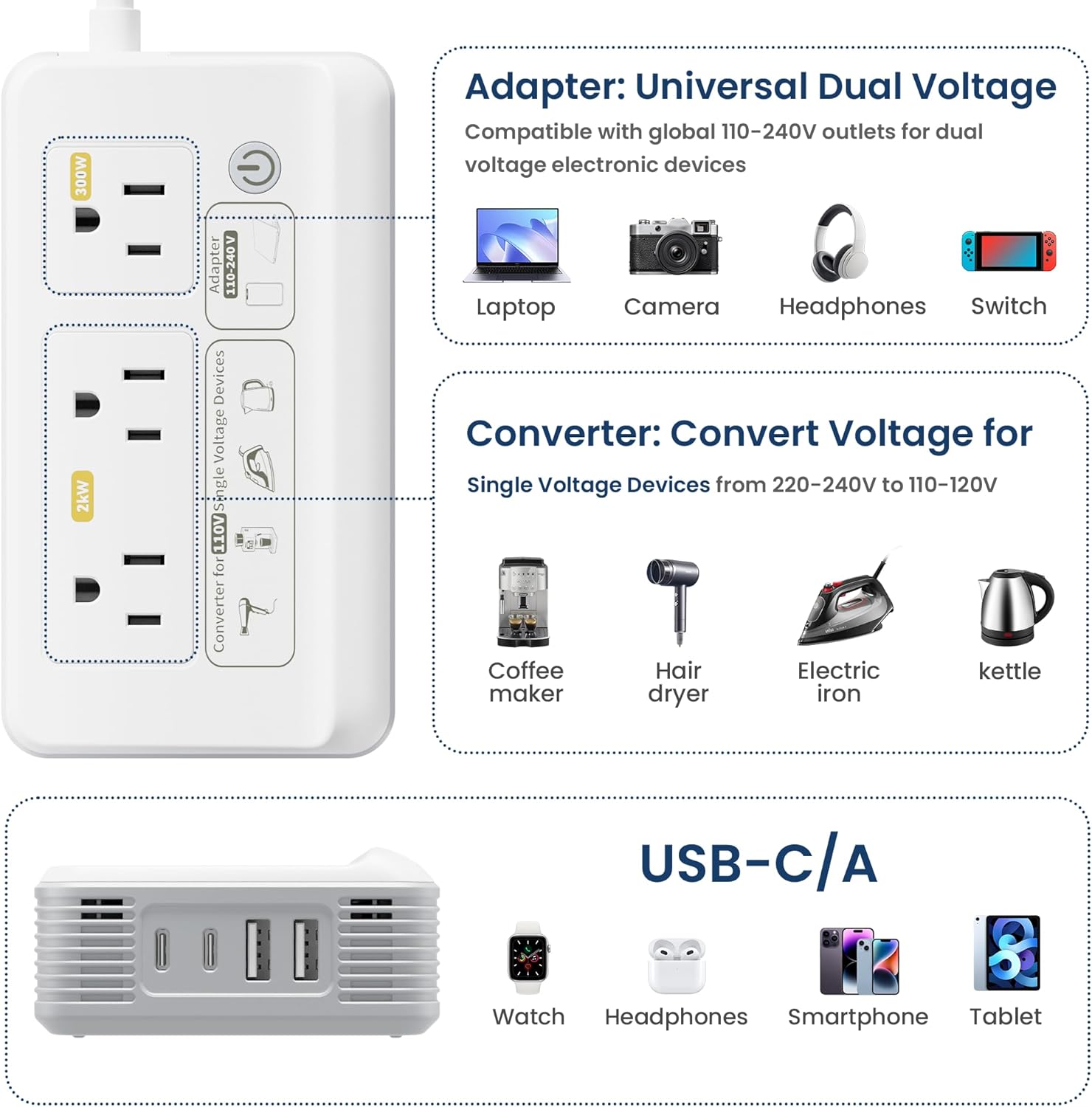 Mapambo 2000W Voltage Converter US to Europe, 7 in 1 Converter for European Travel for Hair Dryer, Kettles, Coffee Makers and etc. 220v to 110v Converter for International Travels (White) - Image 3