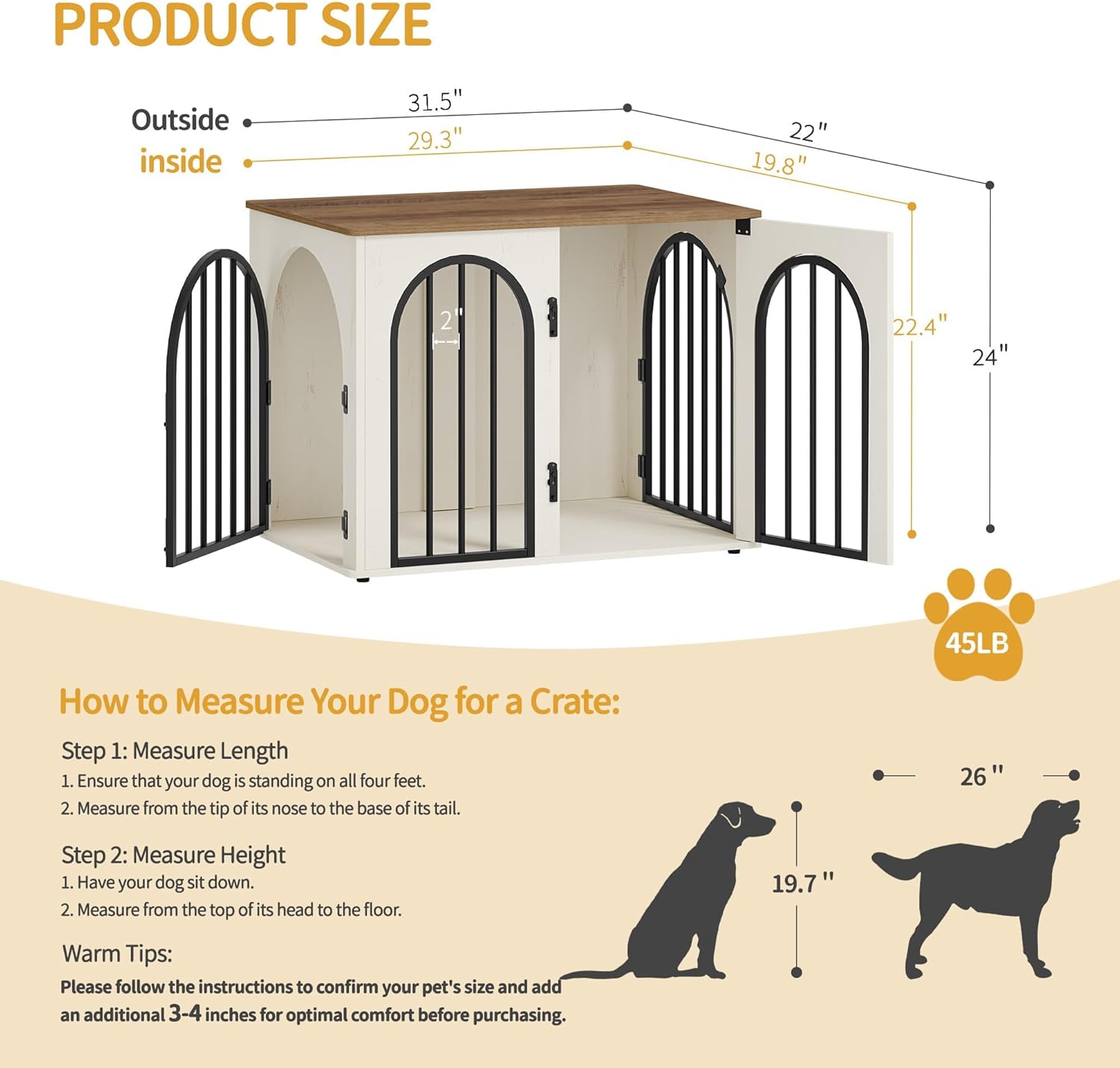 Hzuaneri 31.5'' Wooden Dog Crate Furniture, Indoor Dog Kennel Dogs Cage for Small/Medium Dogs, Heavy Duty Dog Crates Decorative Pet House End Side Table TV Stand, White Brown DFC85114B - Image 2