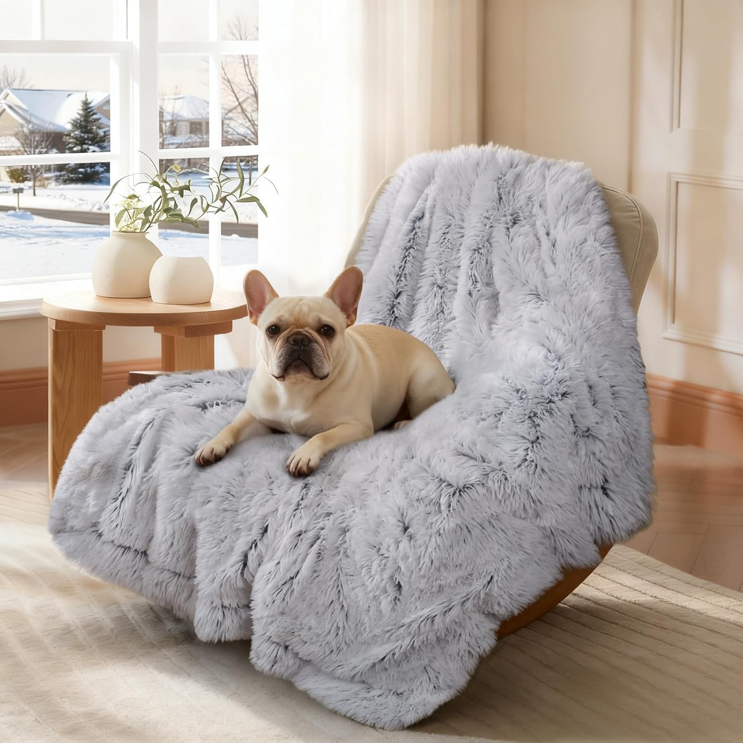 Luciphia Large Waterproof Dog Blanket for Pet Washable Liquid Proof Bed Intimacy Protection Shaggy Plush Calming Long Faux Fur Couch Cover Calming Cat Throw Blankets, Mist Grey, 60" x 80" - Image 5