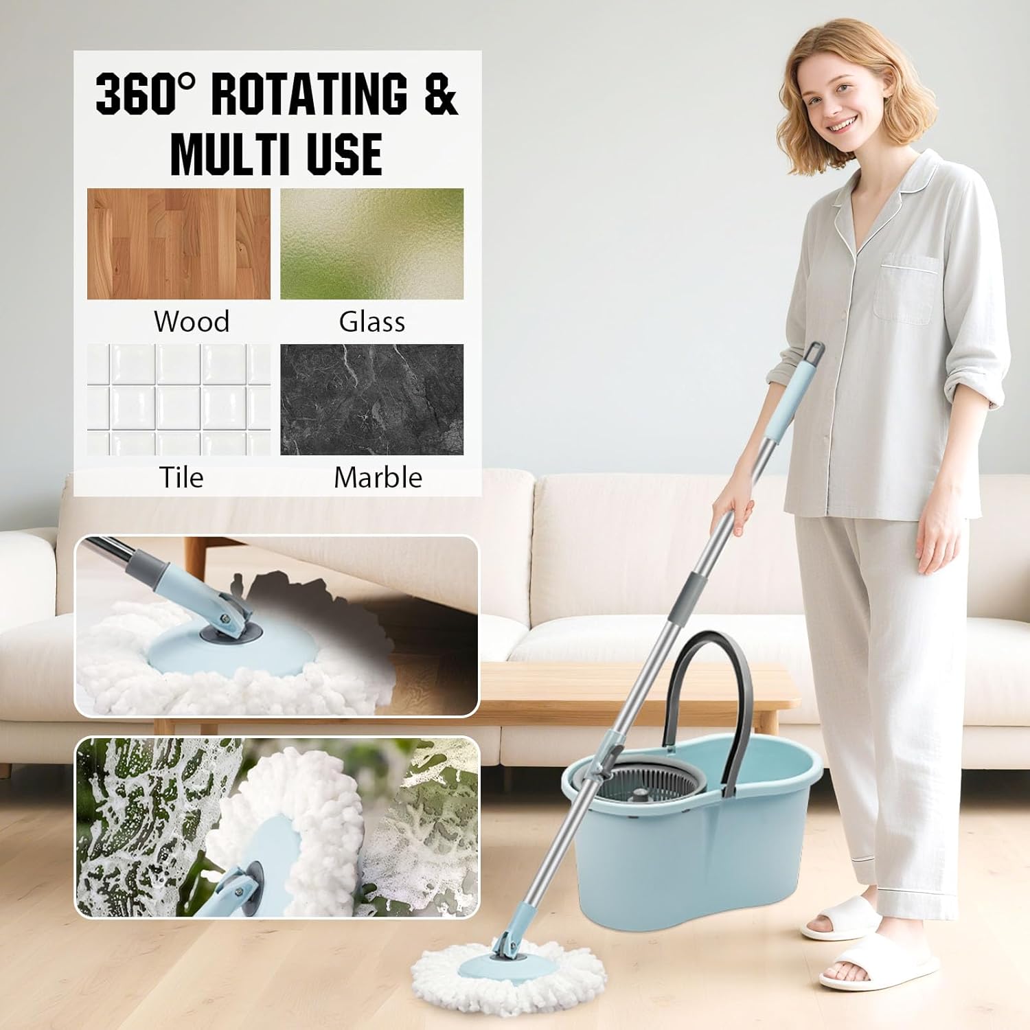 Spin Mop and Bucket with Wringer Set, 360° Spinning Mop Bucket System with 3 Microfiber Mop Replacement Heads and 50" Stainless Steel Adjustable Handle for Floor Cleaning - Image 6