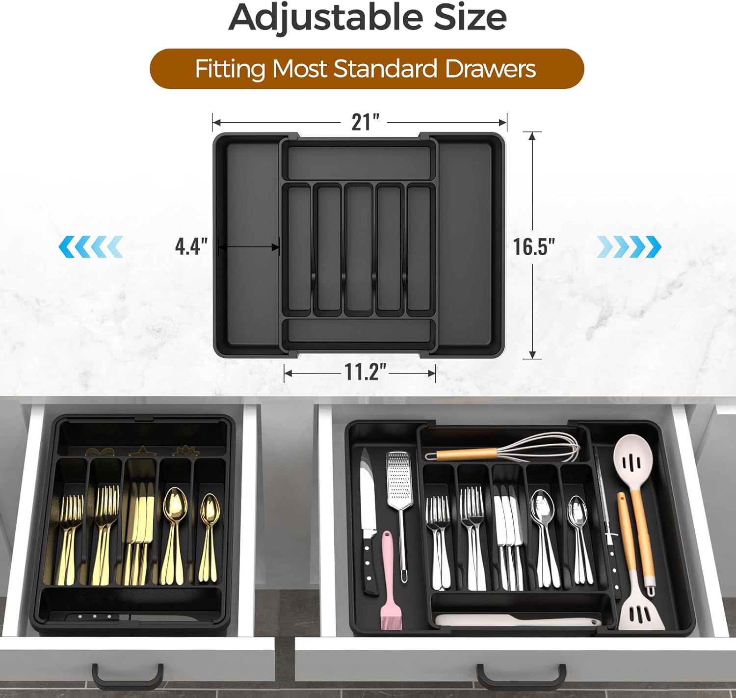 ukeetap Extra Large Expandable Silverware Organizer, BPA-Free Food-Safe Cutlery Flatware Organizer, Kitchen Utensil Drawer Organizer, Adjustable Silverware Holder for Spoons Forks Knives, Black - Image 3