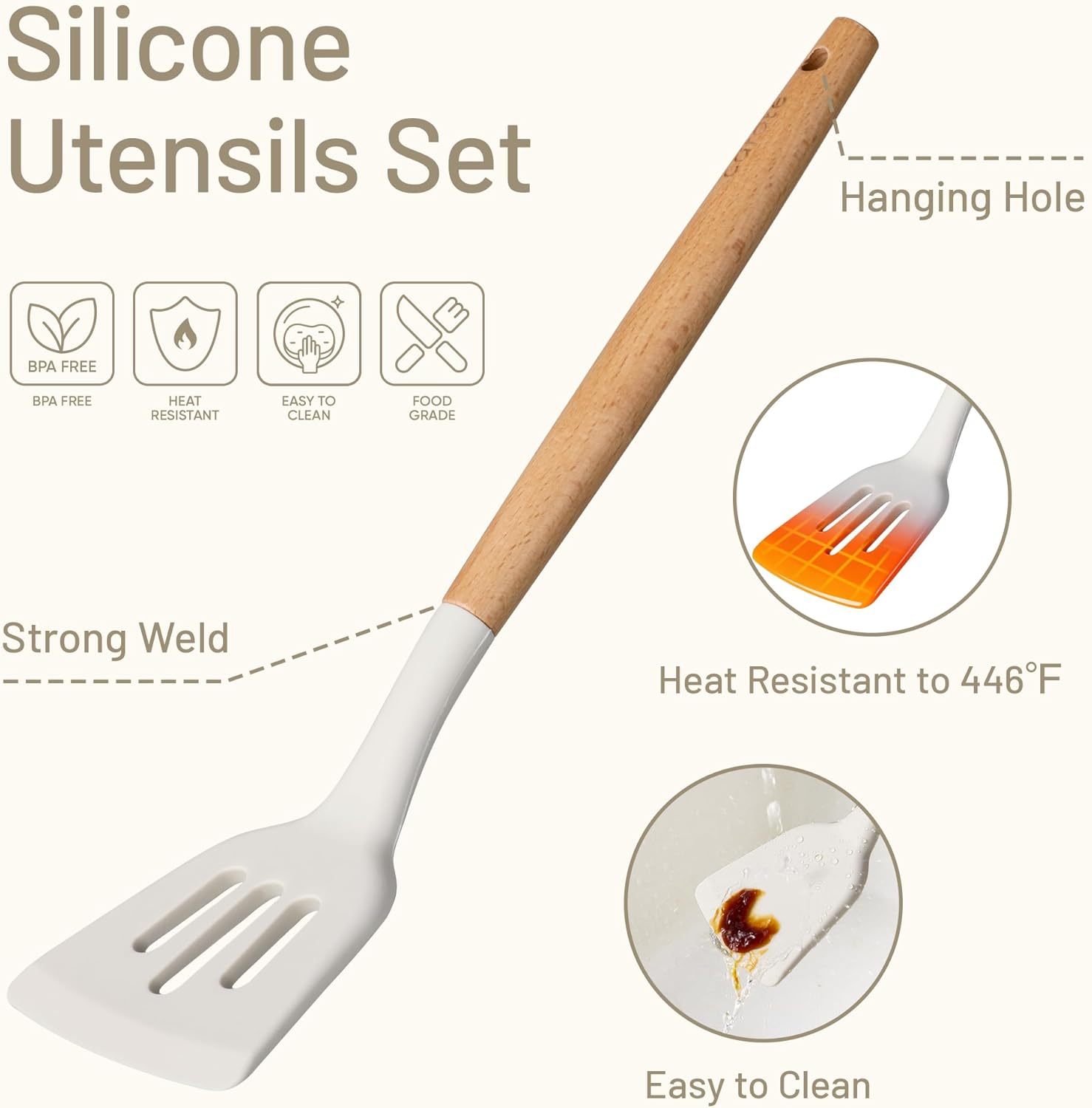CAROTE Silicone Cooking Utensils Set, Kitchen Utensils Set 10 Pcs for cooking, BPA Free Spatula Set with Heat Resistant Wood Handles for Nonstick Cookware (Cream White) - Image 3