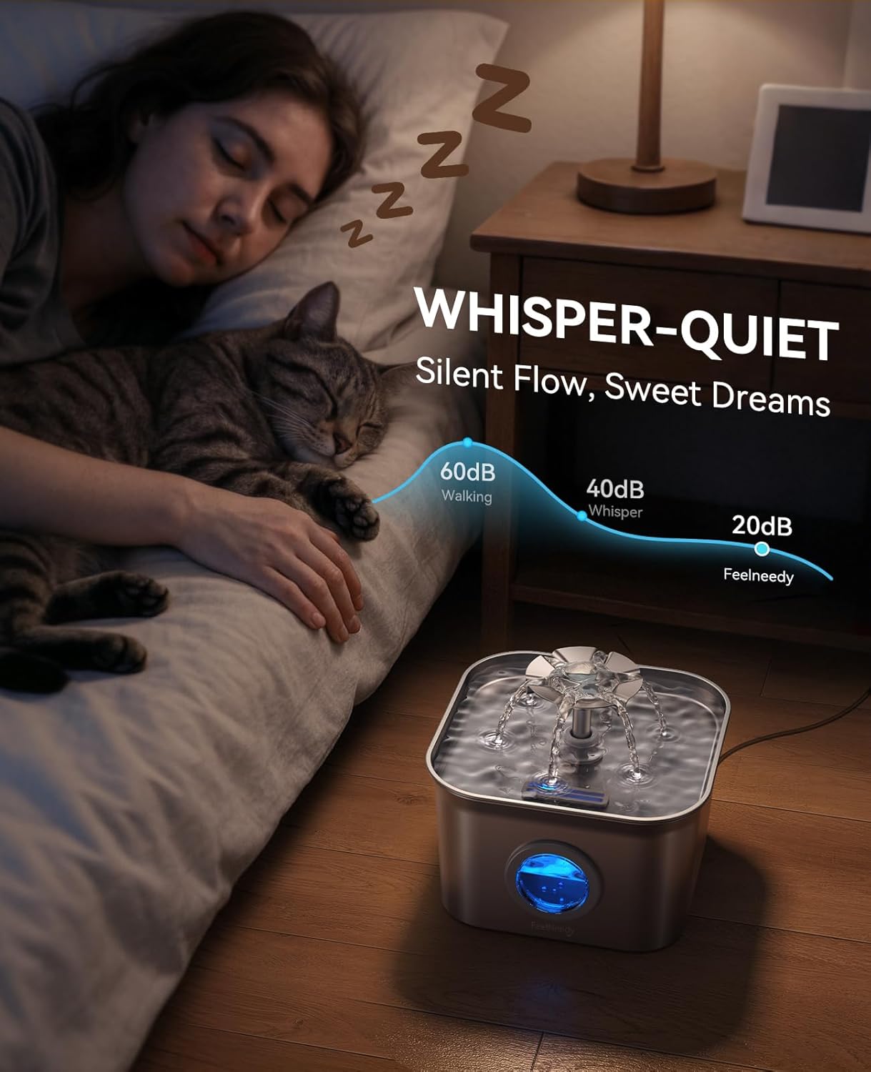 Stainless Steel Cat Water Fountain, 2.8L with 20dB Ultra-Quiet Pump- Ideal for Timid Pets, LED Water Level Window, Dishwasher Safe, 24/7 Circulation- Includes 3 Replacement Filters - Image 4