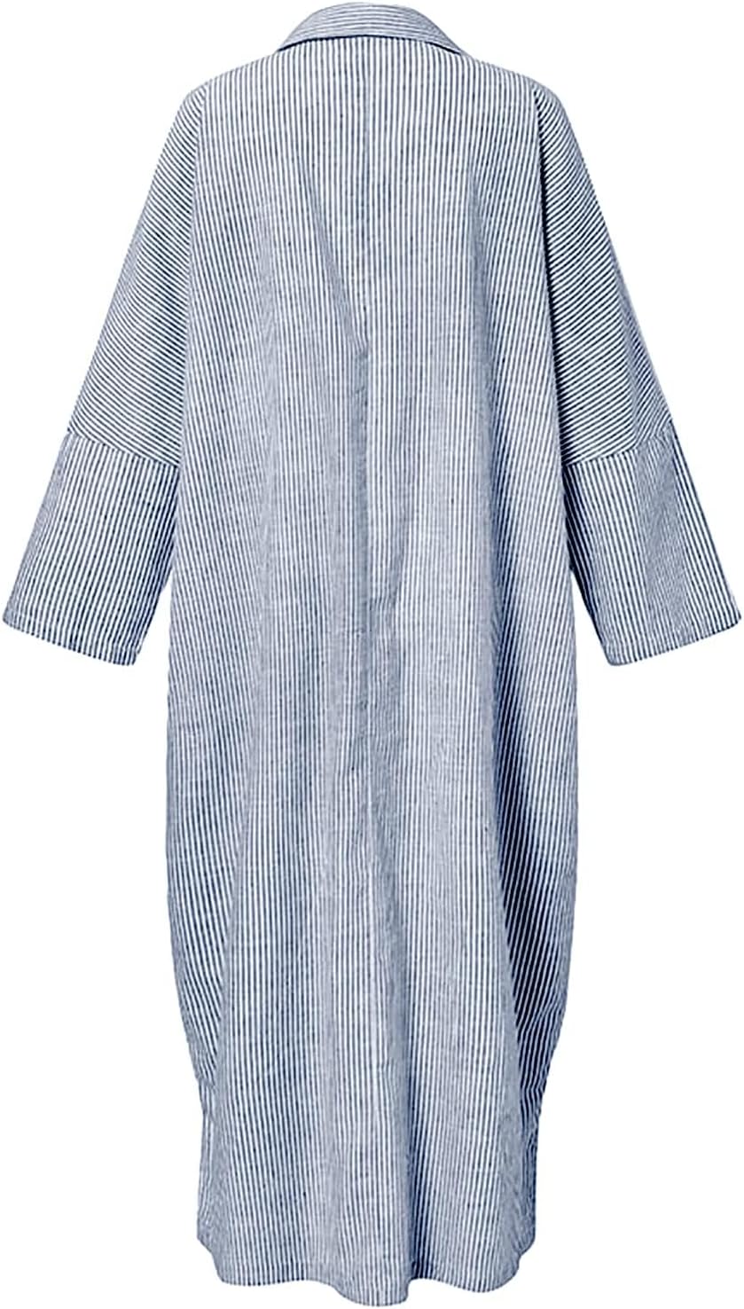 chouyatou Women's Casual Long Sleeve Button Down Loose Striped Cotton Maxi Shirt Dress - Image 4