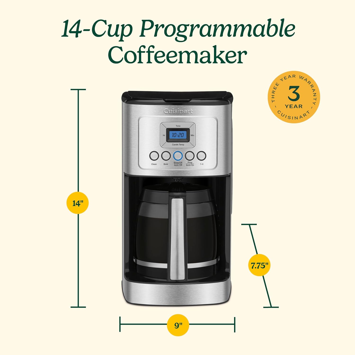 Cuisinart 14-Cup Coffee Maker, Programmable PerfecTemp Glass Carafe Coffee Machine with 1-4 Cup Setting, Brew Strength Control and Pause, Stainless Steel, DCC-3200NAS - Image 6