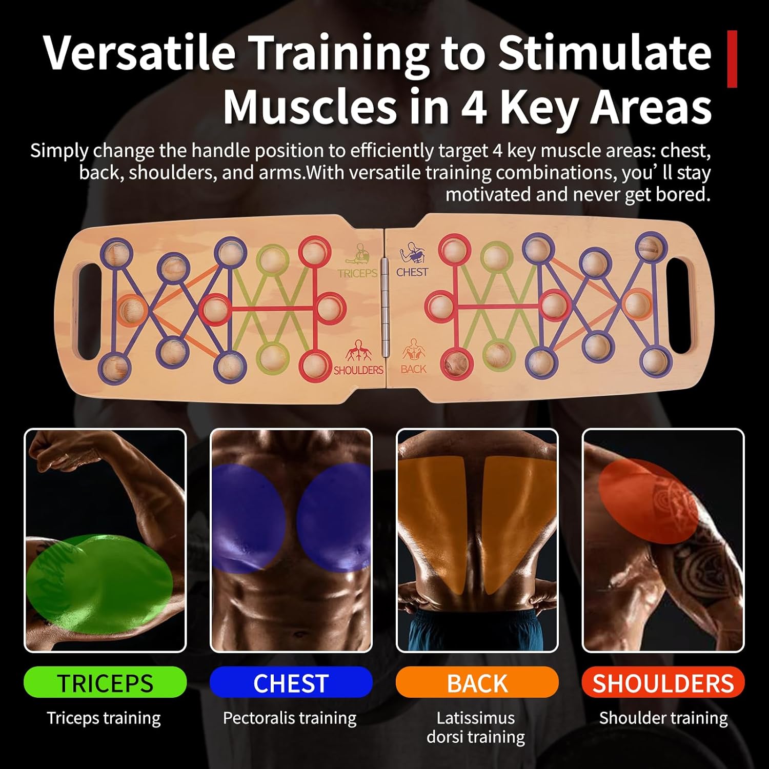 Foldable wooden Push up Board, Portable Push up Stand 14 in 1 Muscle Builder with Graphics Guide and 2 Solid Wood Pushup Handles - Image 3