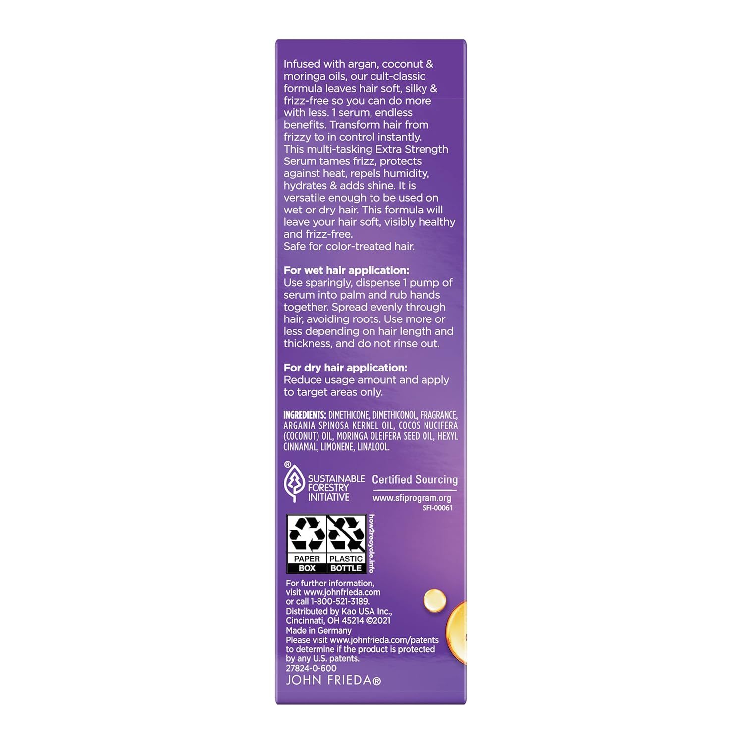 John Frieda Frizz Ease Extra Strength Hair Serum, Instantly Smooths for Healthy, Hydrated, Frizz-Free Hair, for Thick and Coarse Hair, with Argan, Coconut, and Moringa Oil for Heat Protection, 1.69 Oz - Image 13