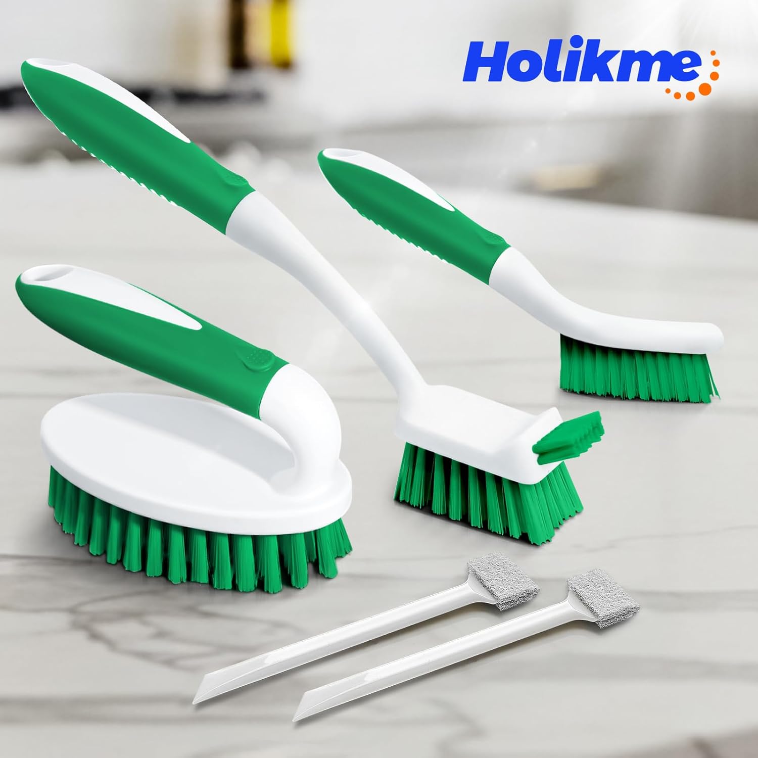 Holikme Cleaning Brush Set for Household Use, Scrub Brush, Kitchen Brush, Tile Lines Brush for Bathroom, Floor, Tub, Shower and Kitchen Surface (Green) - Image 7