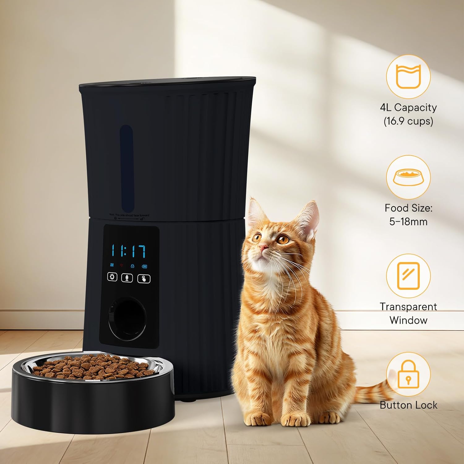 NEWBULIG Automatic Cat Feeder, 4L Timed Pet Feeders with 10s Voice Recorder, Dog Food Dispenser with APP Control, Dry Food, 10 Meals, Programmable 50 Portions, Dual Power Supply, Desiccant Bag - Image 4