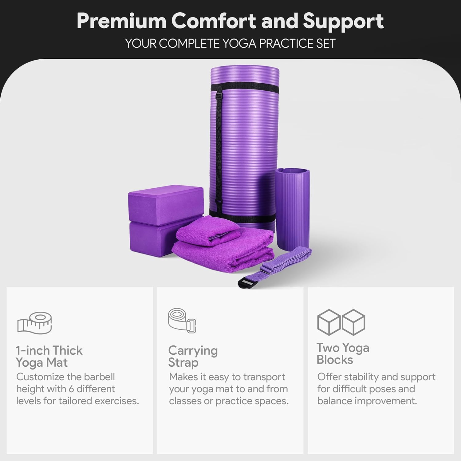 BalanceFrom 7-Piece Yoga Set with 71x24x1 Inches Extra Thick Mat and Carrying Sling – Includes 2 Blocks, Stretch Strap, 2 Towels, and Knee Pad for Home, Studio, and Gym Workouts - Image 2