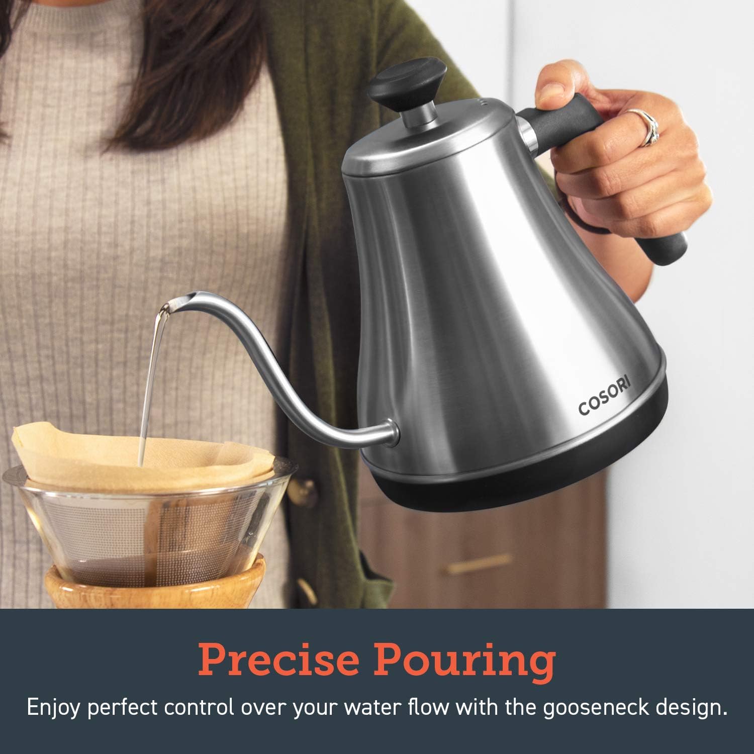 COSORI Gooseneck Electric Kettle with 5 Variable Presets, Pour Over & Coffee maker, 100% Stainless Steel Inner Lid & Bottom, 1200 Watt Quick Heating, 0.8L, Silver - Image 8