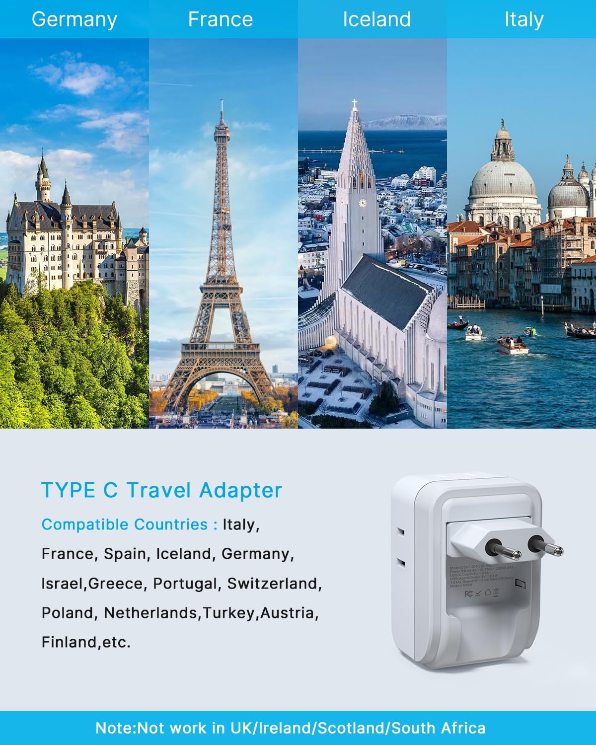 2 Pack European Travel Plug Adapter, VINTAR Foldable International Power Adapter with 4 AC Outlets 3 USB Ports(2 USB C), Type C Adaptor Charger for US to Most of Europe EU Italy Spain France Iceland - Image 3