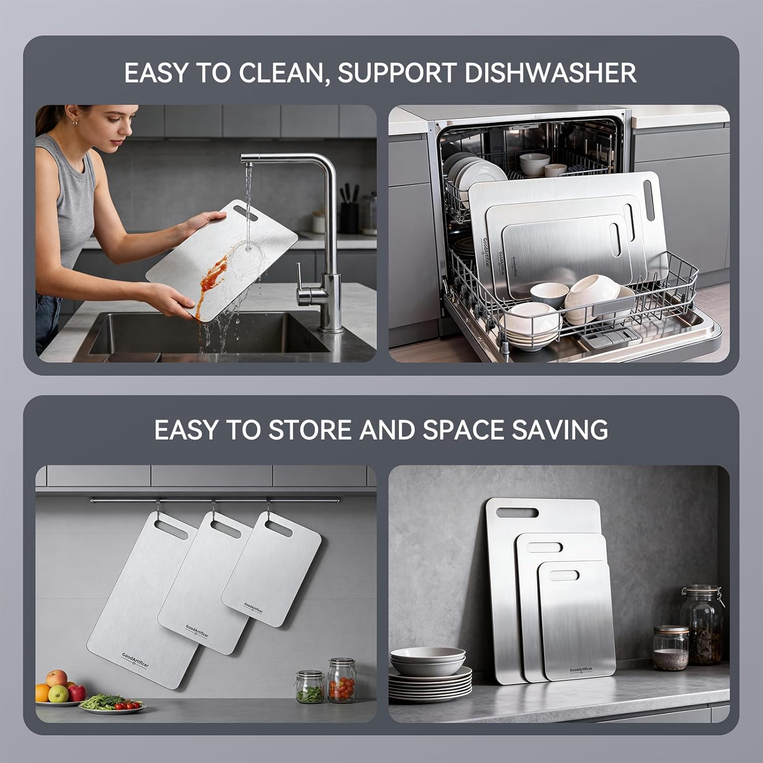 Titanium Cutting Boards Set of 3, 100% Pure Titanium Kitchen Cutting Board, Double-Sided Non-Toxic Cutting Board, Ideal for Slicing and Dicing Meats, Features Handle, Dishwasher Safe - Image 5