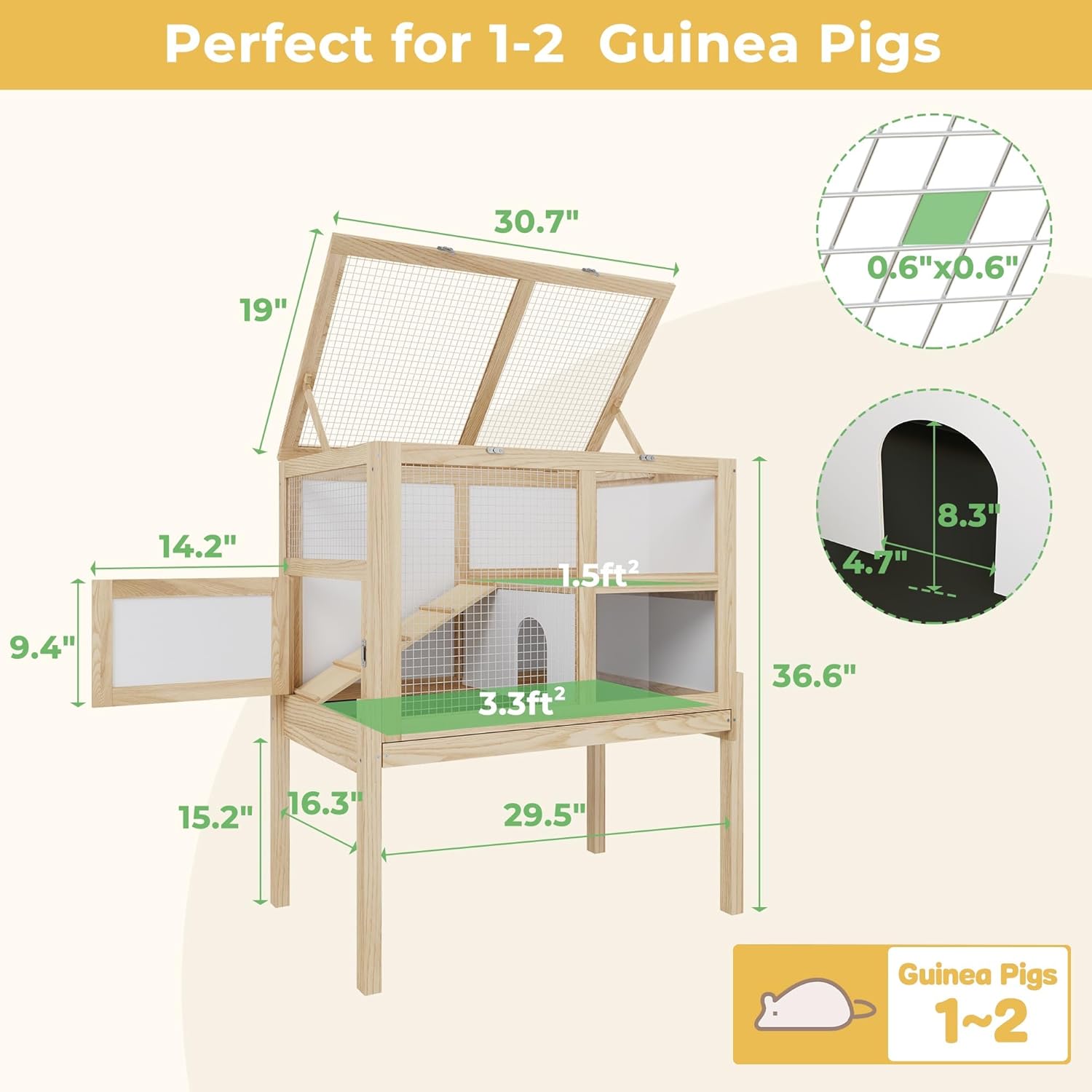 Guinea Pig Cages for 2, Small Animals Rabbit Cages with a Pull Out Tray, Large Wooden Indoor 2-Story Hamster House, Guinea Pig Hideout Habitat Playpen with Ramp, Platform, Natural - Image 2