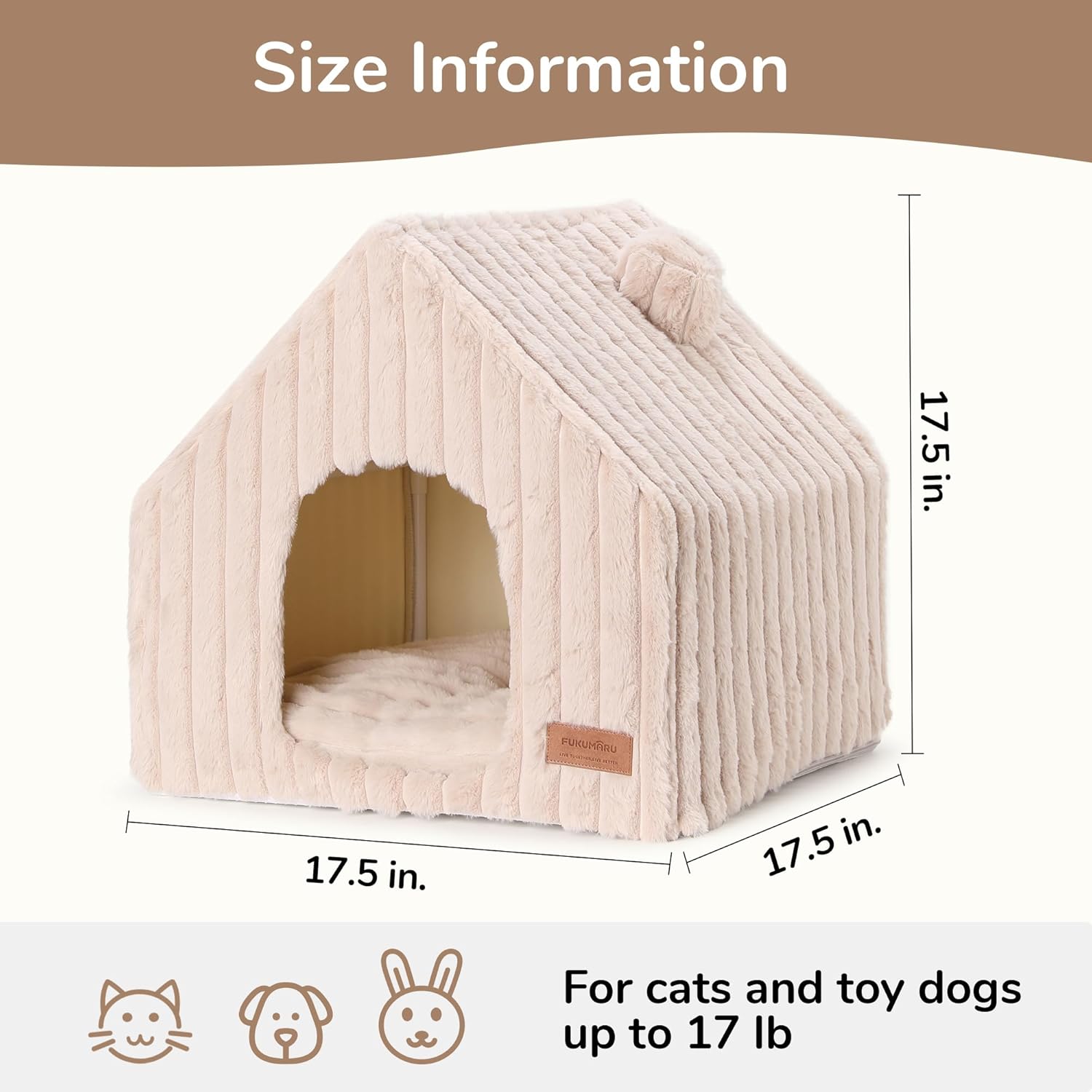 FUKUMARU Cat Houses for Indoor Cats, Washable Cute Cat Bed Cave with Removable Pillow, Large Semi-Enclosed Cozy Dog House Indoor, Soft Faux Rabbit Fur Kitten Bed, 17.5-Inch Cat Hideaway, Pink Grey - Image 5