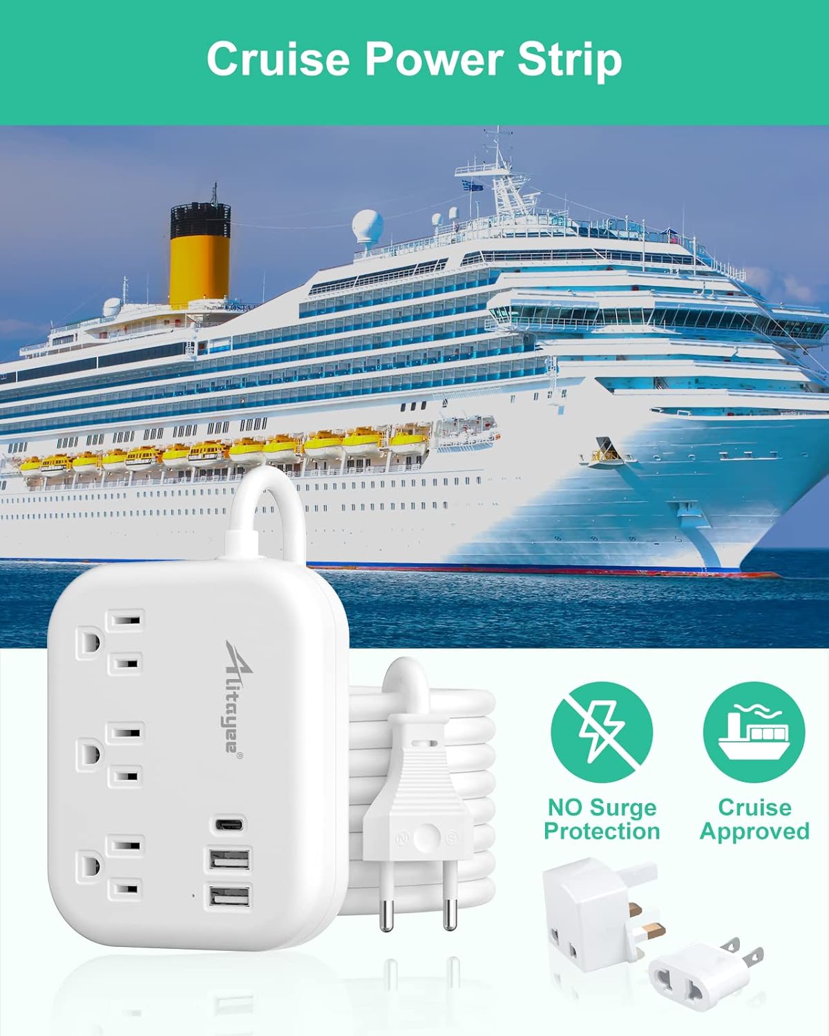 European Travel Plug Adapter, Alitayee EU/UK/US Travel Power Strip with 3 Outlets 3 USB Ports, International Universal Plug Adapter with 3ft Extension Cord to EU UK Italy Spain France Germany Cruise - Image 5