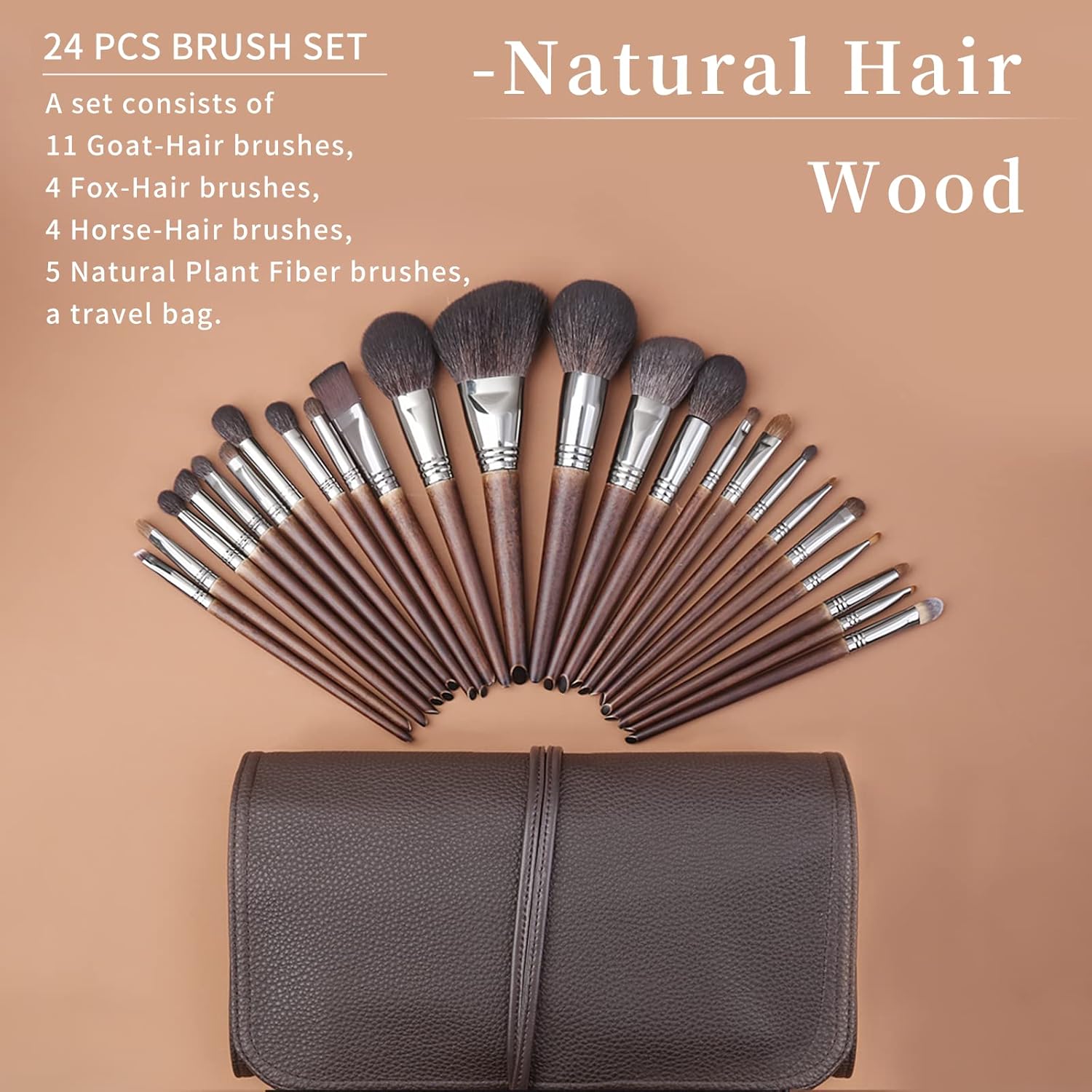 Deluxe Natural Goat Hair Makeup Brush Set with Case, 24 Cosmetic Brushes Makeup Set, Wooden Natural Makeup Brushes, Natural Bristle Makeup Brush, Natural Hair Makeup Brushes Set Professional. - Image 2