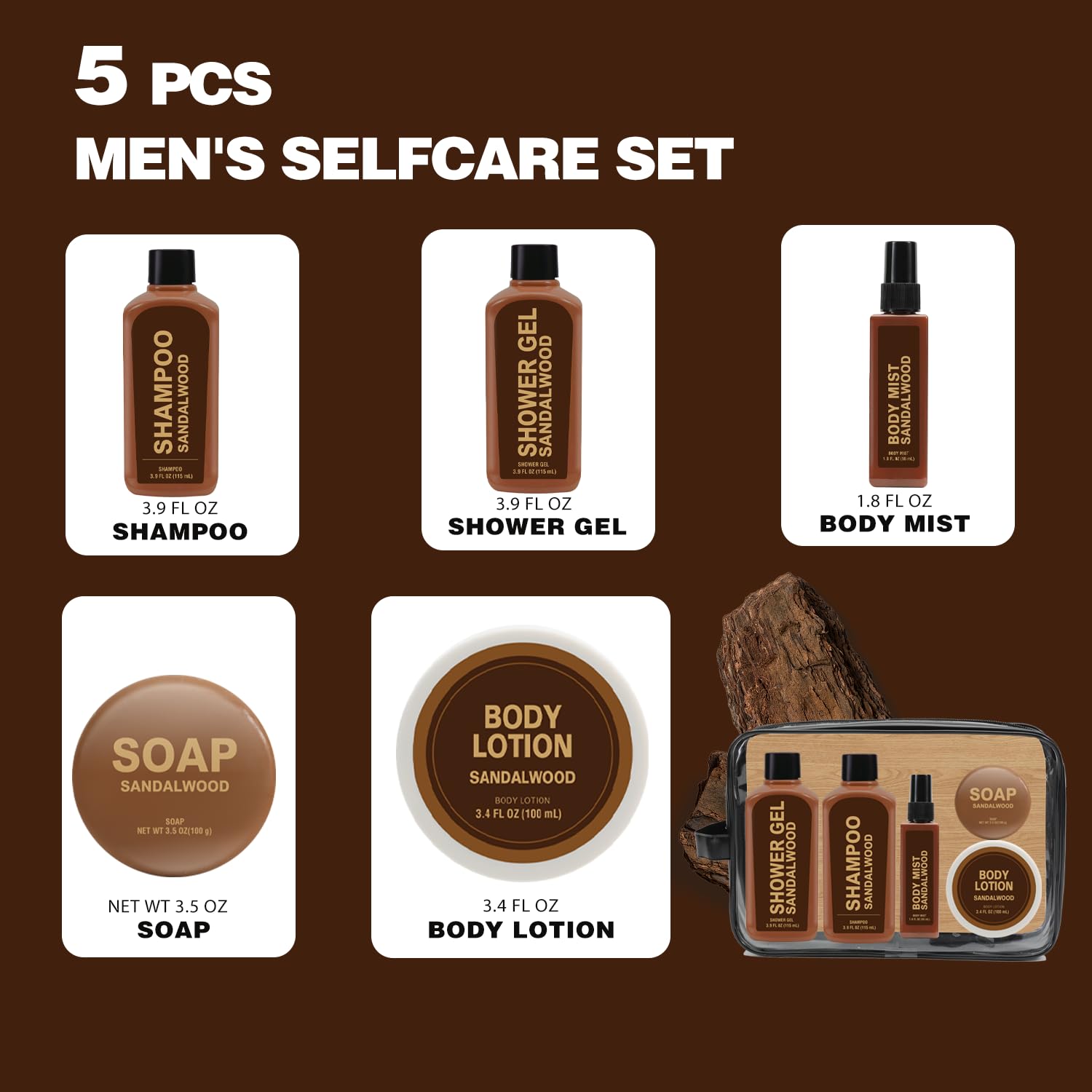 Gifts for Men 6pcs Sandalwood Gift Set Travel Size Toiletry with Shampoo, Shower Gel, Soap, Body Lotion, Mens Gifts Birthday Anniversary Gift Sets for Men, Christmas Self Care Fathers Day Gift - Image 2