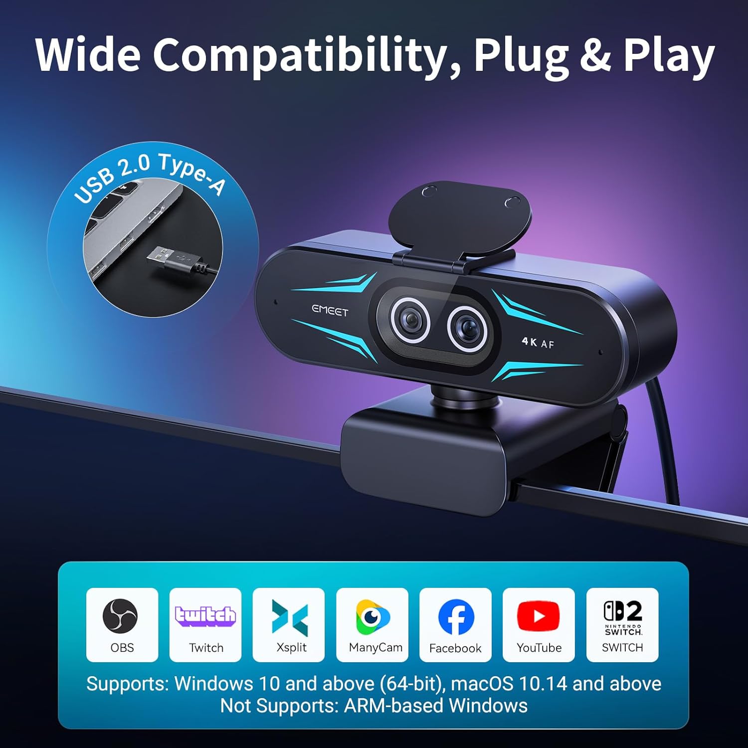 EMEET C60E Dual-Camera 4K Webcam for Streaming, Wide-Angle and Telephoto Cameras, Max 11X Hybrid Zoom & PDAF Autofocus, Remote Control, RGB Lighting, 2 Mics, Ideal for Livestreaming and Online Meeting - Image 8