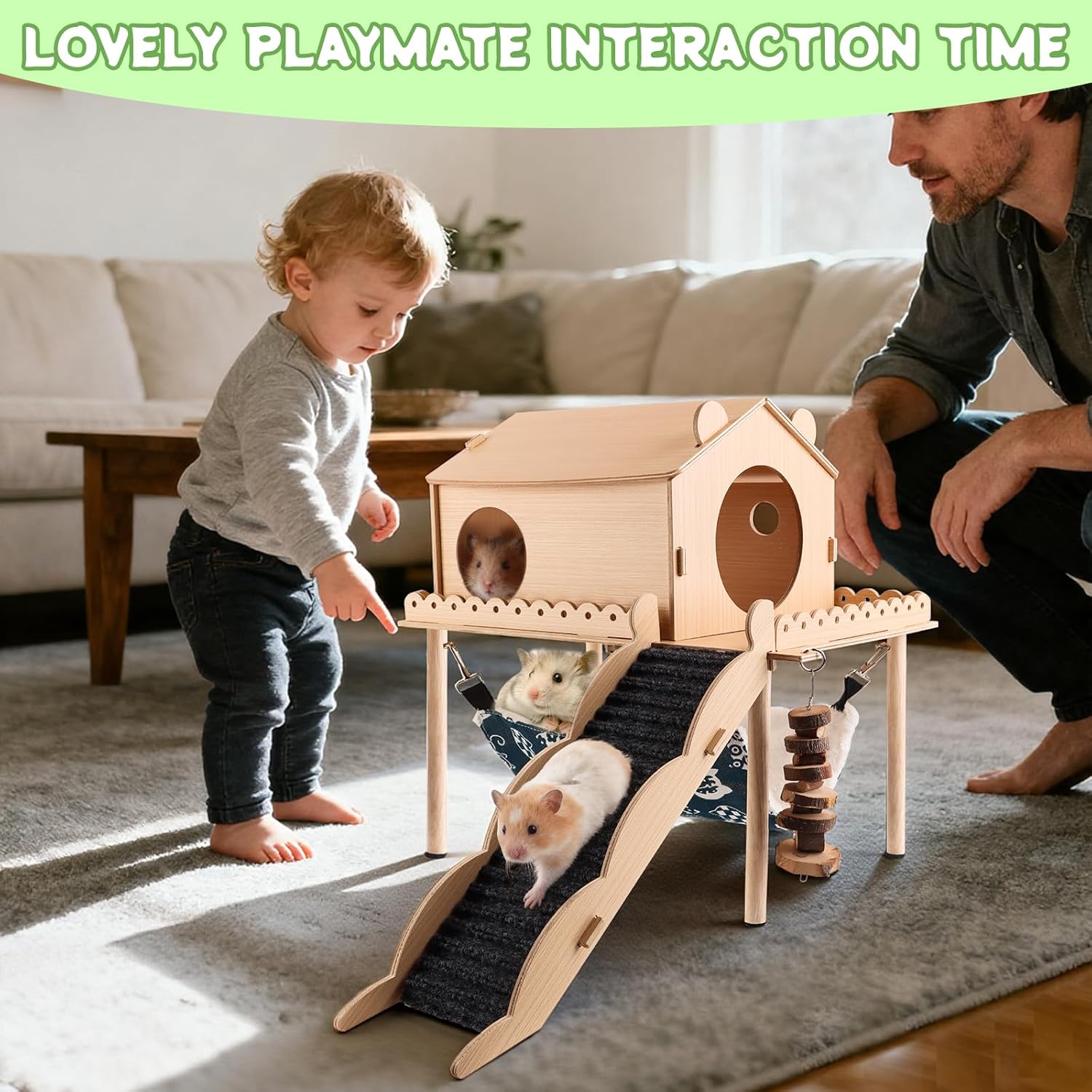Kalolary Detachable Double-Decker Guinea Pig Hideout, Large Wooden Guinea Pig Castle with Stair, Hammock, Mat for Small Animals Hamster Chinchilla Bunny Ferret Rabbit Hiding Playing Sleeping - Image 7
