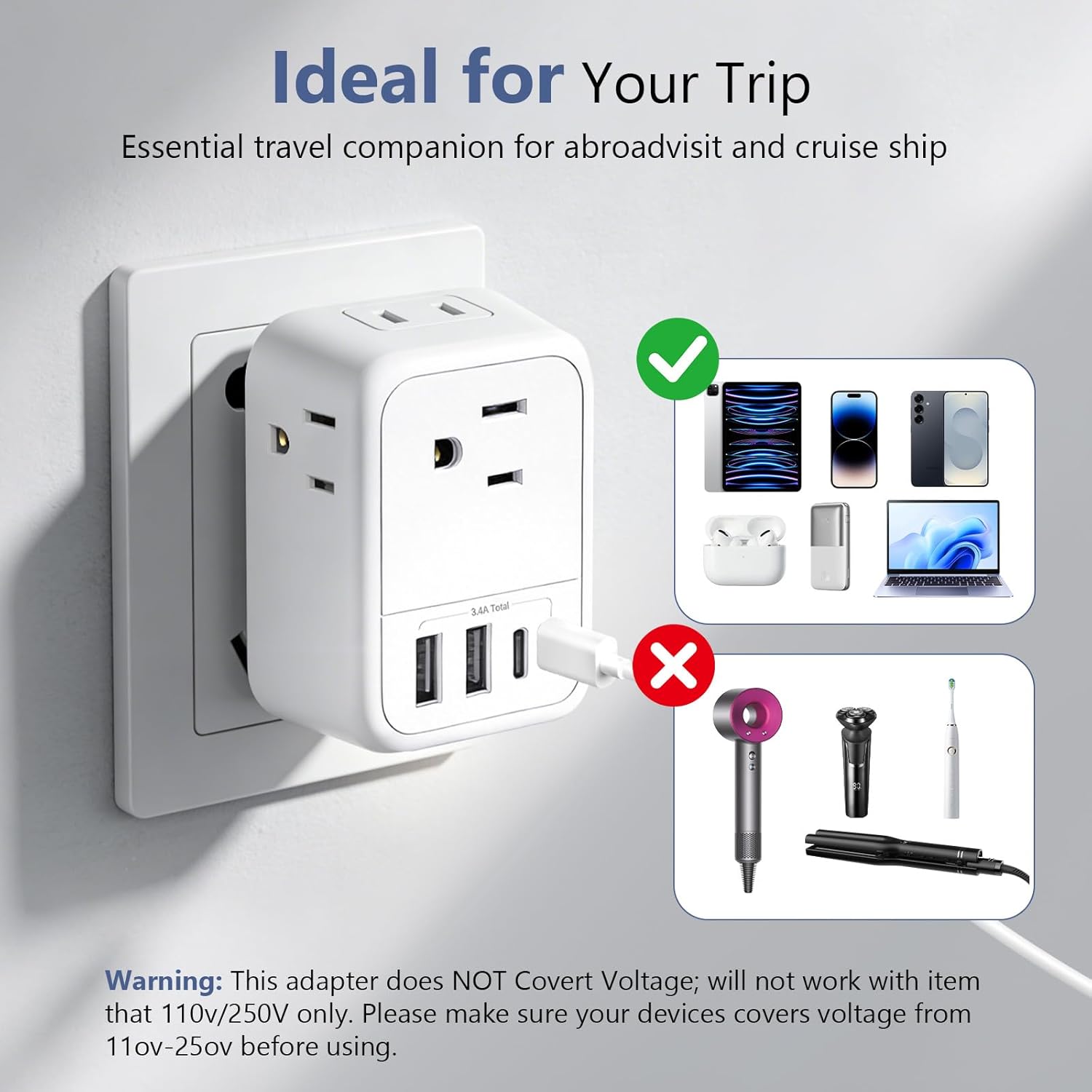 2 Pack European Travel Plug Adapter, FLASHSONIC US to Europe Adapter with 4 AC Outlets 4 USB Charging Ports (2 USB C), Foldable International Power Plug Adapter Travel Essentials to Italy Spain France - Image 6