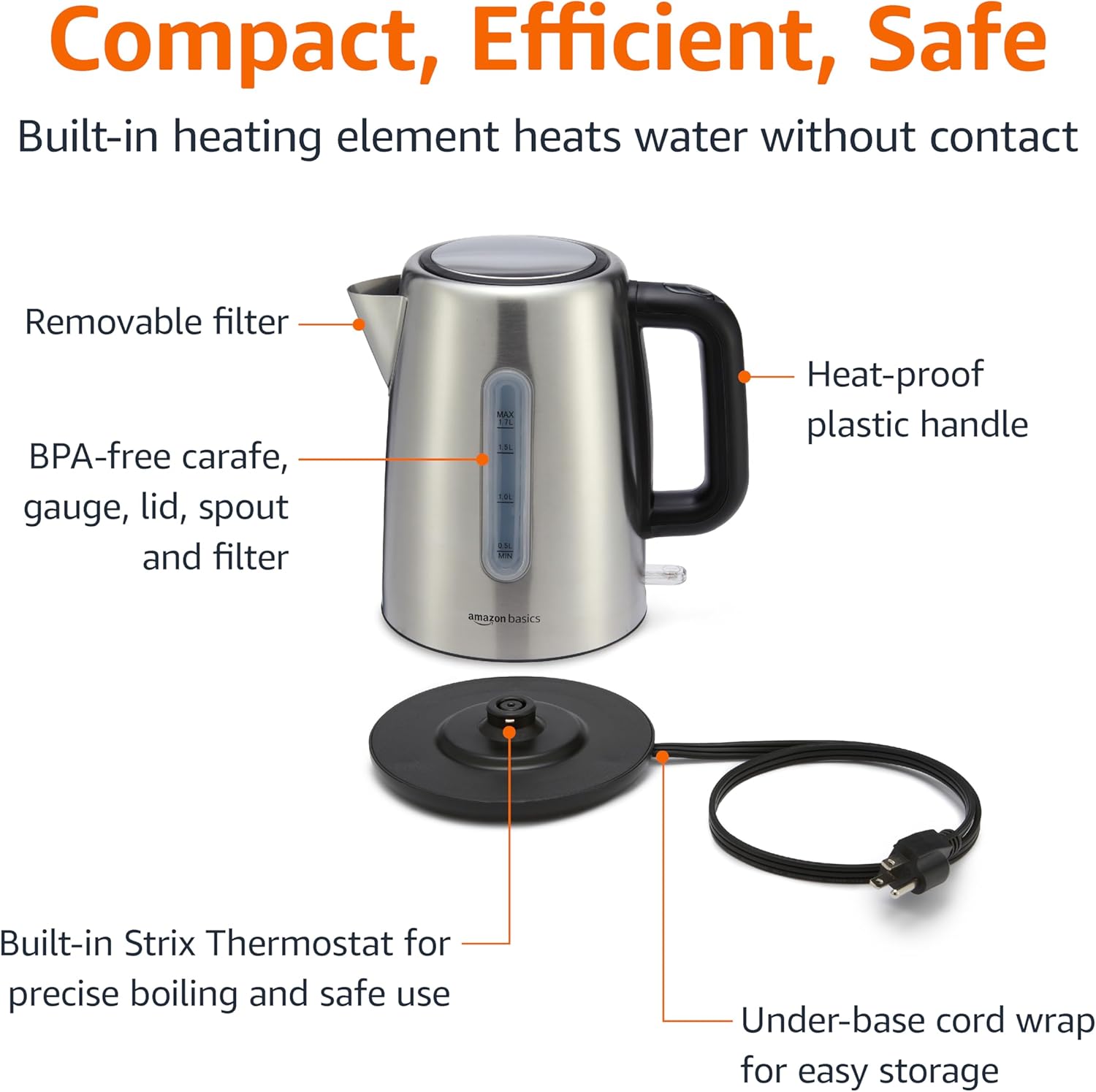 Amazon Basics Electric Stainless Steel Kettle for Tea and Coffee, BPA-Free, Fast Boiling, Auto Shut-Off, Boil-Dry Protection, 1.7 Liter, 1500W, Black and Silver - Image 3