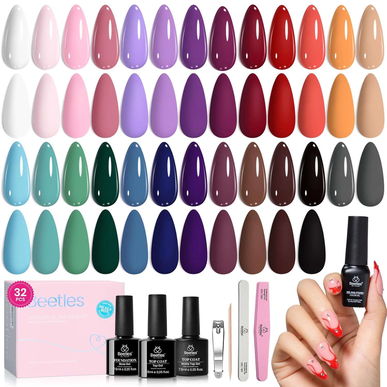 Beetles Summer Gel Polish Set - Urban Rhythm Collection, 25 Colors Pink Red Blue Green Summer Gel Nail Polish Set with 3Pcs Base Top Coat Nail Art UV LED Soak Off DIY Salon Manicure