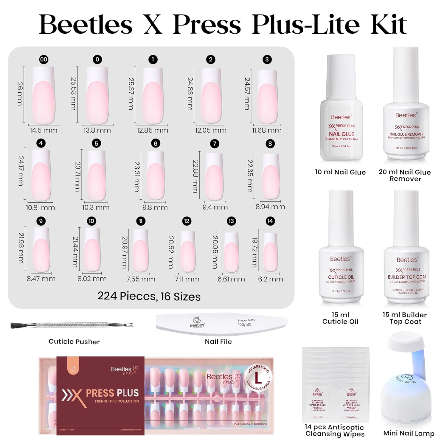 Beetles X Press Plus On Nails Kit - Rose French | Pink Long Square French Tip Press On Nails | 224Pcs 16 Sizes All-in-One Kit With Nail Glue,Remover,Builder Top Coat,Nail Lamp - Image 6