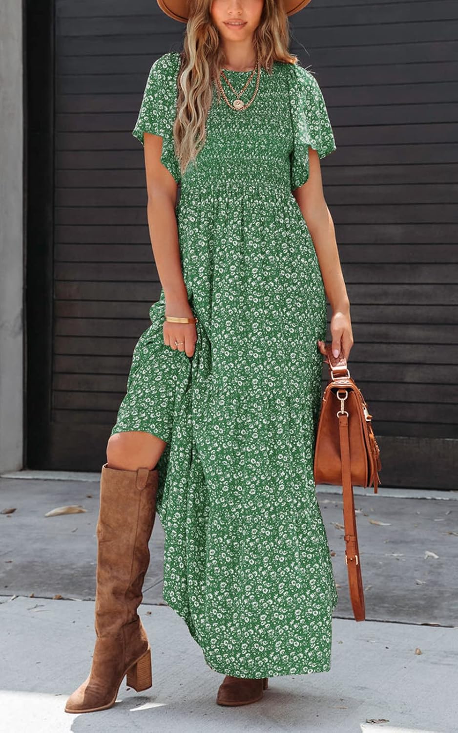PRETTYGARDEN Women's 2026 Summer Casual Flutter Short Sleeve Boho Floral Maxi Dress Crew Neck Smocked Tiered Long Dresses - Image 2