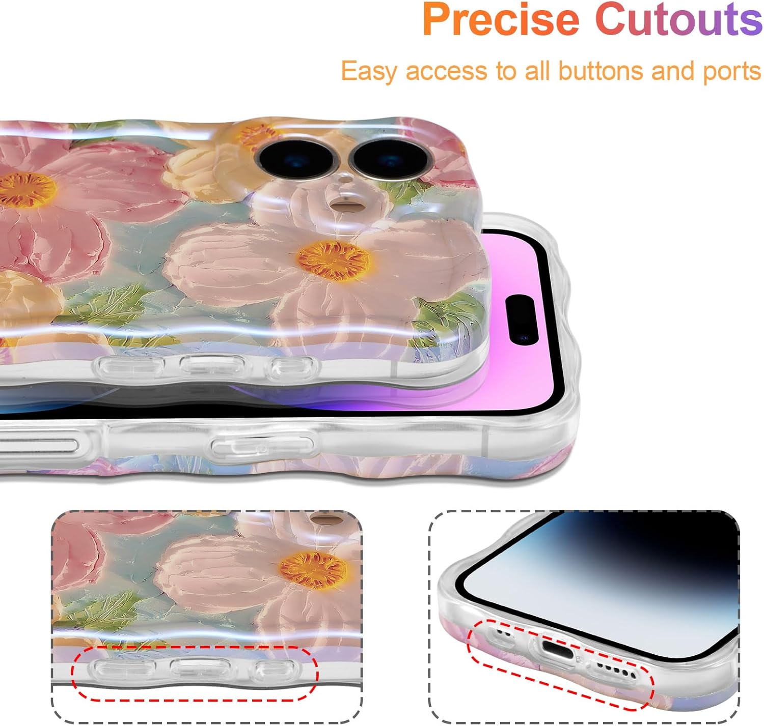 EYZUTAK Case for iPhone 16, Colorful Retro Oil Painting Printed Flower Laser Glossy Pattern Cute Curly Wave Edge Exquisite Phone Cover Stylish Durable TPU Protective Case for Girl Women-Green - Image 5