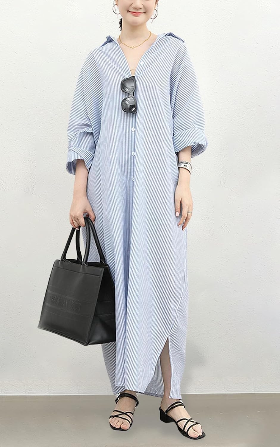 chouyatou Women's Casual Long Sleeve Button Down Loose Striped Cotton Maxi Shirt Dress - Image 2