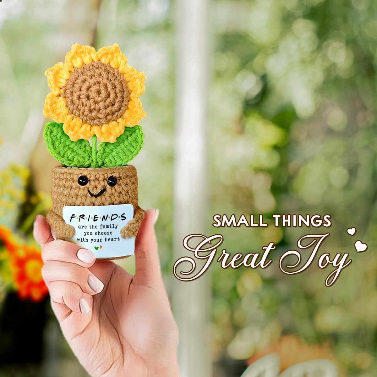 Mini Sunflower Crochet Gift with Card for Women Best Friend, Soul Sister, Long Distance Pal, Friends Are the Family You Choose, Cute Decor for Birthday, Christmas for Bestie, BFF, Coworker - Image 4