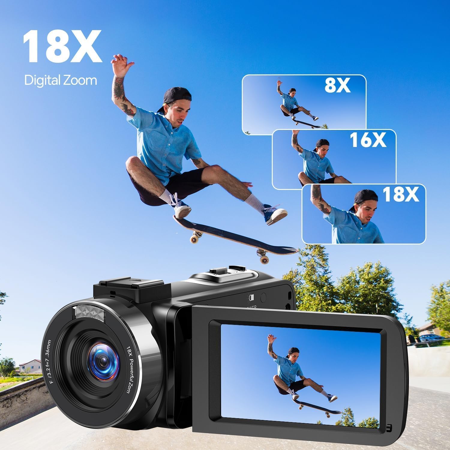 Camcorder Video Camera 4K Digital Camera for Vlogging 42MP 3” 270° Rotation Screen 18X Digital Zoom Cam Corder for YouTube with 2 Batteries, 32GB SD Card, Remote Control - Image 3