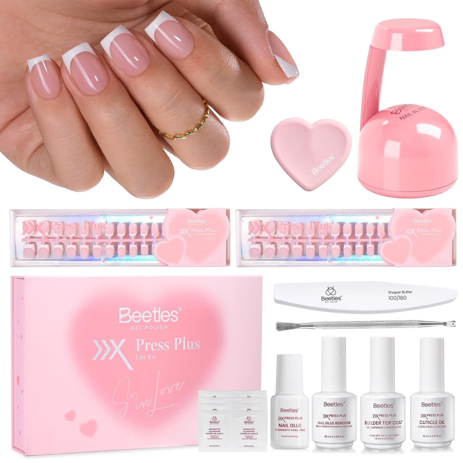 Beetles Press On Nails Kit - 300Pcs Short Square French Tip Press On Nails, 15Sizes Pink French Nail Tips with Nail Glue & Remover, Builder Top Coat Nail, Lamp,All-in-One DIY Spring Gift for Women