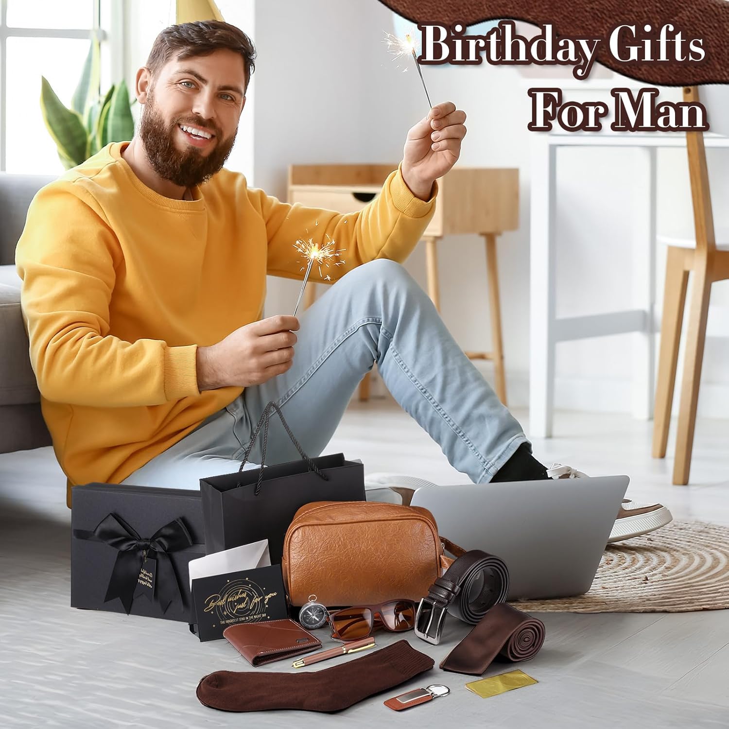Geyoga 12 Pcs Men Birthdays Gift Set with Box for Men Dad Basket PU Leather Wallet Leather Toiletry Bag Tie Socks Belt Keychain Sunglasses Pen Compass Set - Image 4