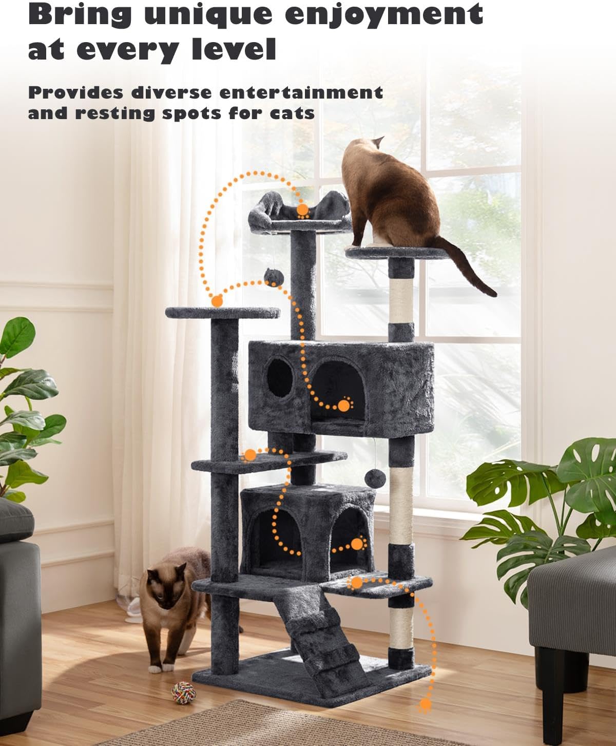 Yaheetech 54in Cat Tree, Multi-Level Cat Tower with Spacious Kitten-ear Perch, 2 Cozy Caves, Scratching Posts, Climbing Ladder, 2 Plush Balls, Durable Pet House Furniture for Indoor Kittens, Dark Gray - Image 7