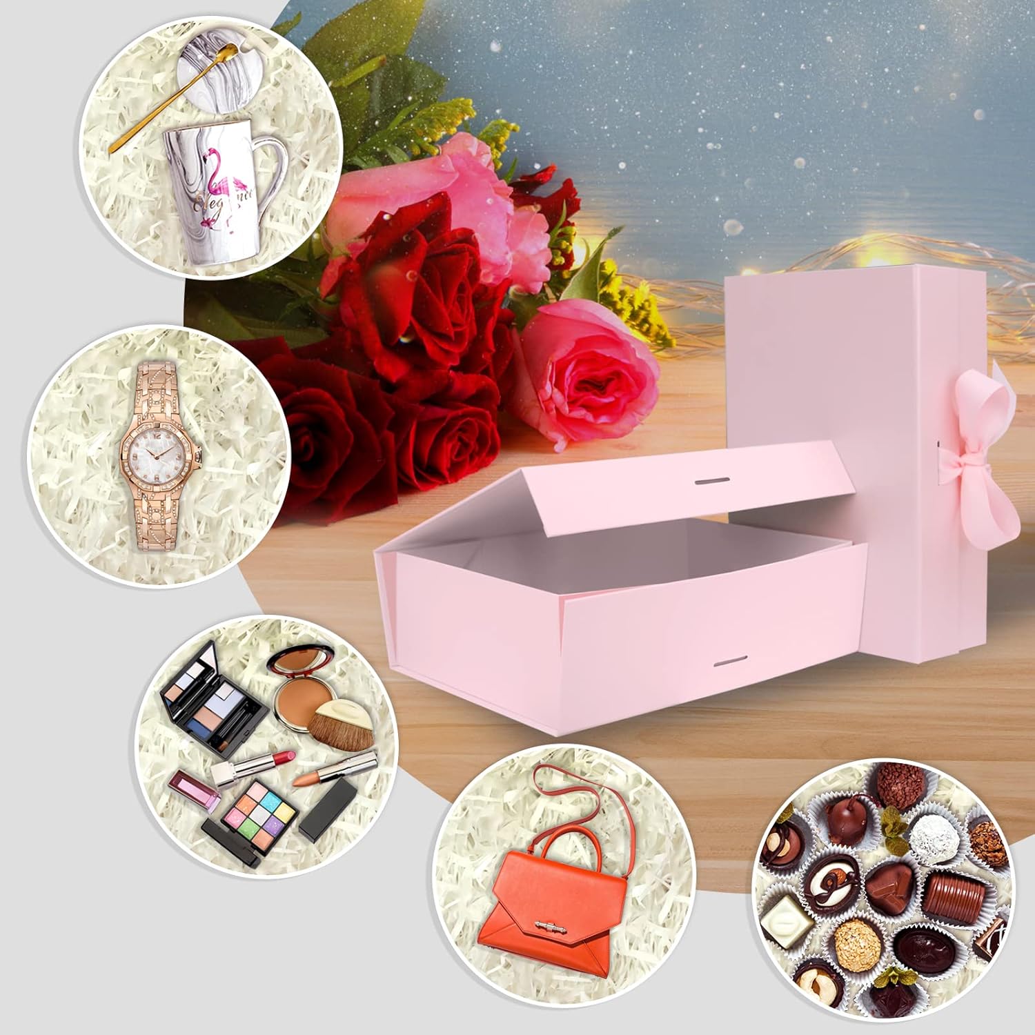 DaiUni 10.5"X7.5"X3.1" Pink Magnetic Gift Box with Lid and Ribbon for Presents - Image 7