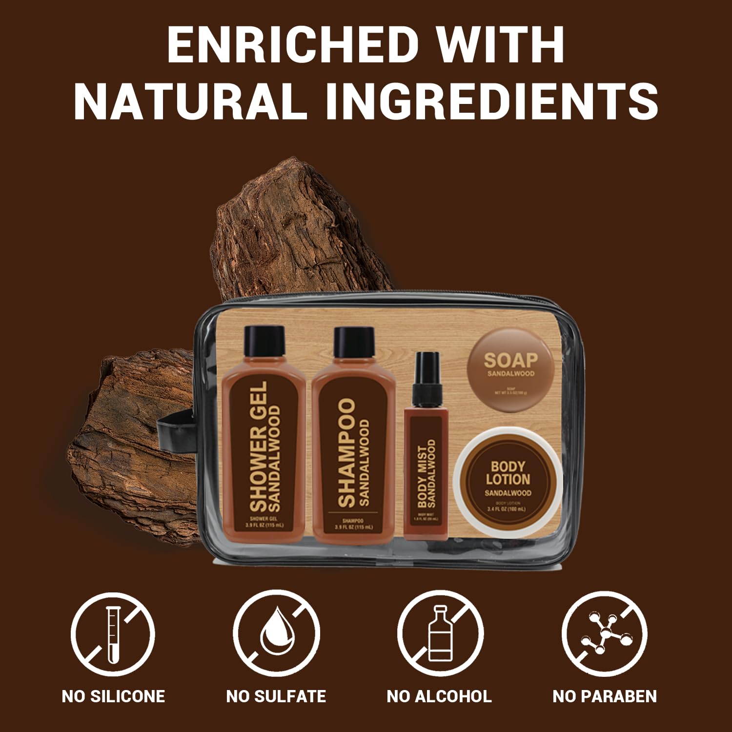 Gifts for Men 6pcs Sandalwood Gift Set Travel Size Toiletry with Shampoo, Shower Gel, Soap, Body Lotion, Mens Gifts Birthday Anniversary Gift Sets for Men, Christmas Self Care Fathers Day Gift - Image 3