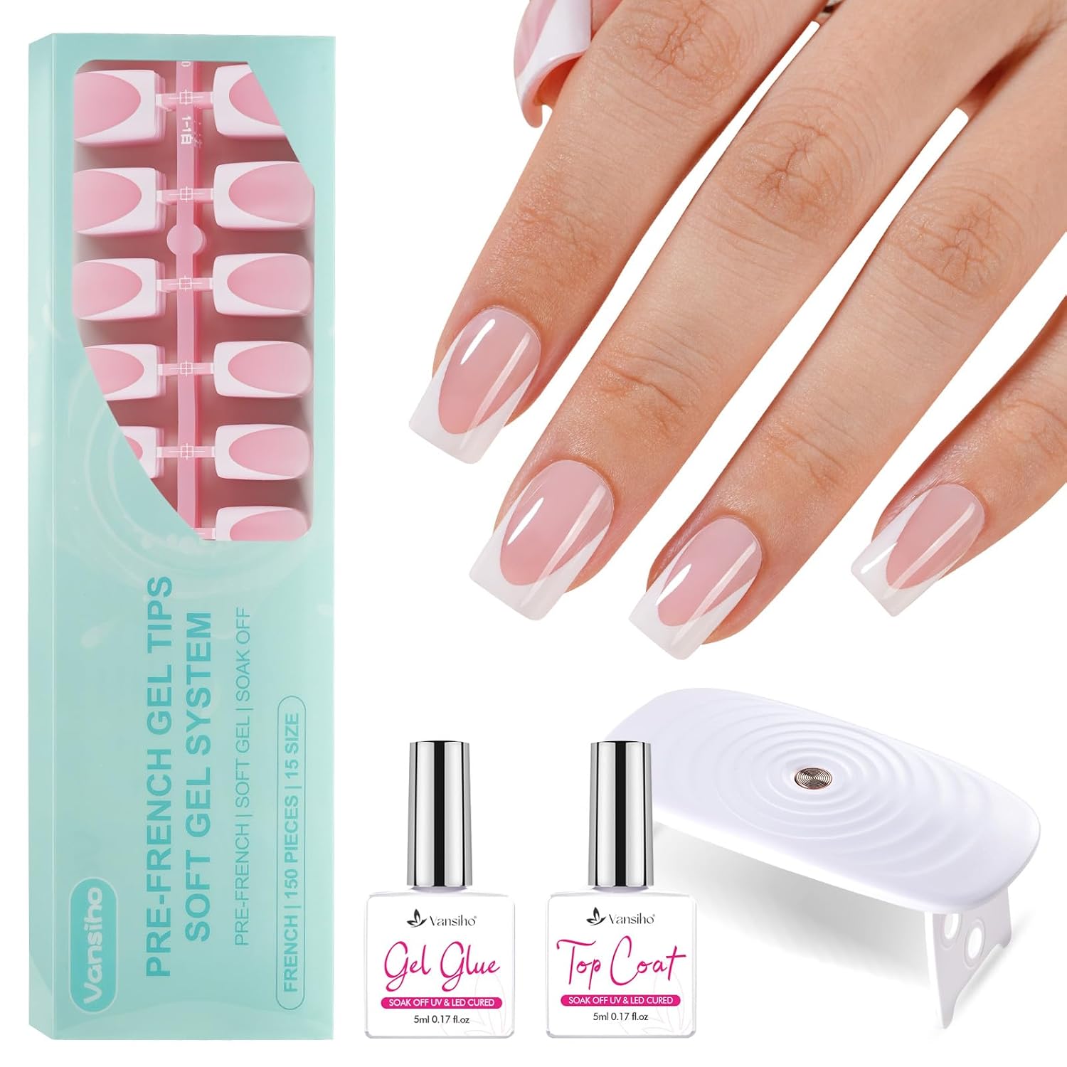 Vansiho Gel Nail Kit - Pink Deep Short Squre French Tip Press on Nails Kit with Nail Gel, Top Coat for Gift Home DIY