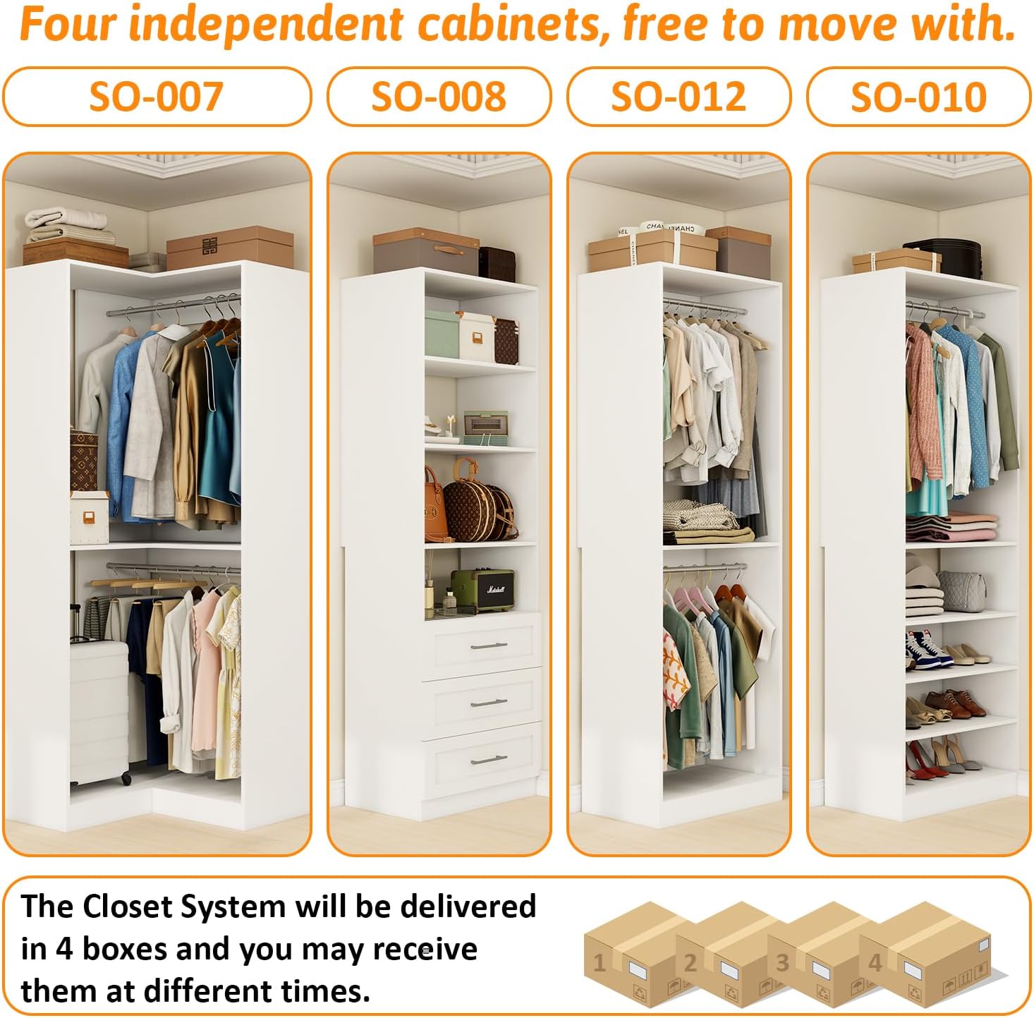 Closet Organizer System of 4 Sets with 3 Drawers, 9 Hanging Rods & 8 Shelves, 157" Walk in Closet System, Corner Closet Organizer, Modular Standalone Closet, White - Image 5