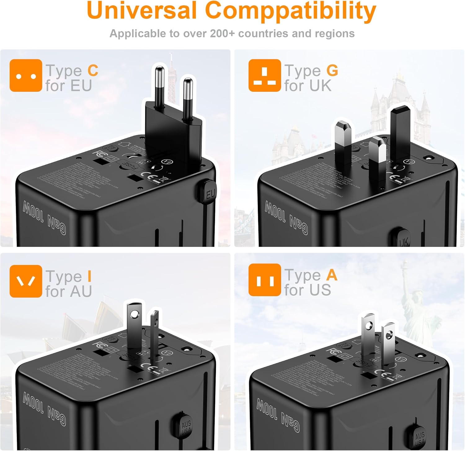 VYLEE Universal Travel Adapter, PD100W GaN International Power Adapter with 3 USB C and 1 USB A Charging Ports, All in One Power Outlet, Worldwide Plug Adapter for US to European UK AUS Ireland(Black) - Image 3