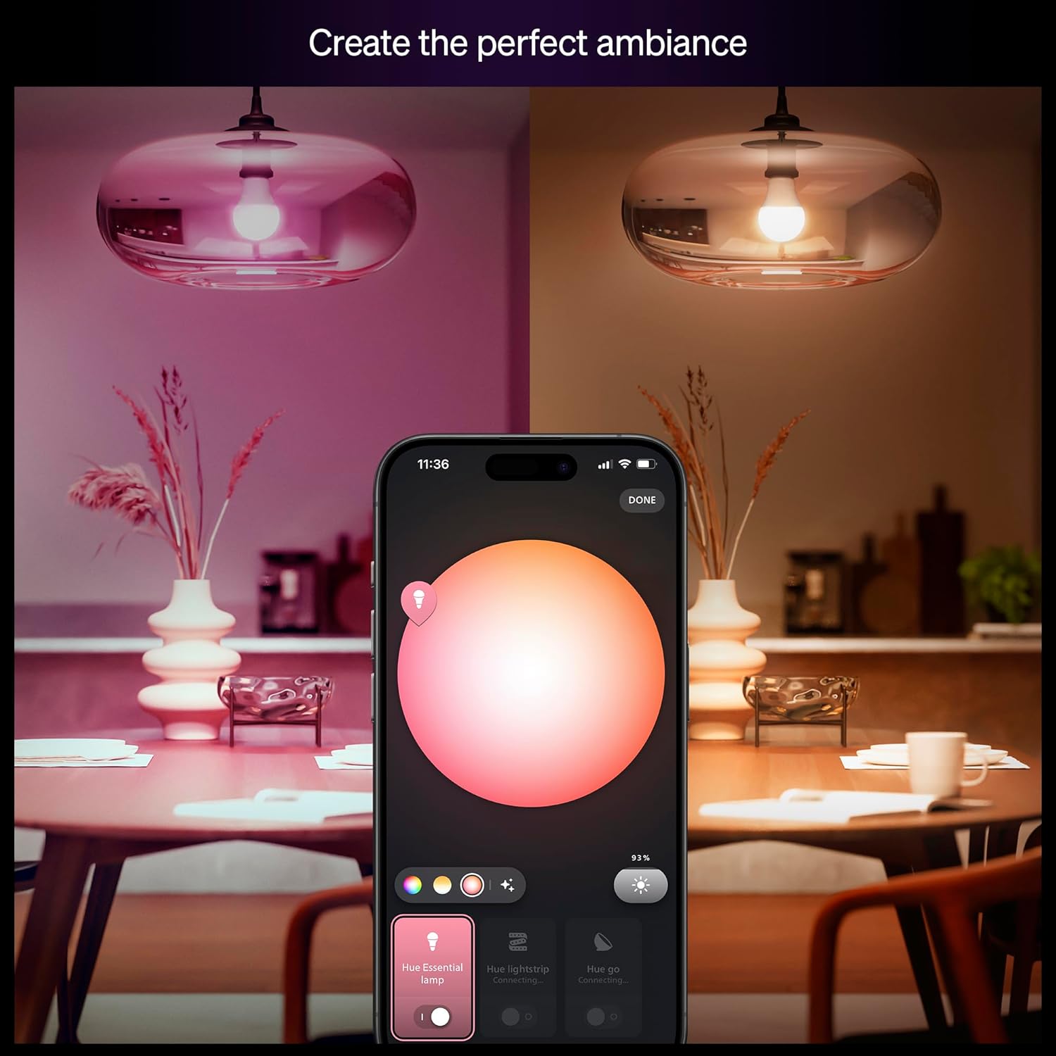 Philips Hue Essential Smart LED A19 Bulb, White and Color Ambiance, E26 Base, 8.8W, 2200K-6500K, 800 Lumens, Dimmable, Works with Alexa, Google, and Apple Home, 4-Pack - Image 3
