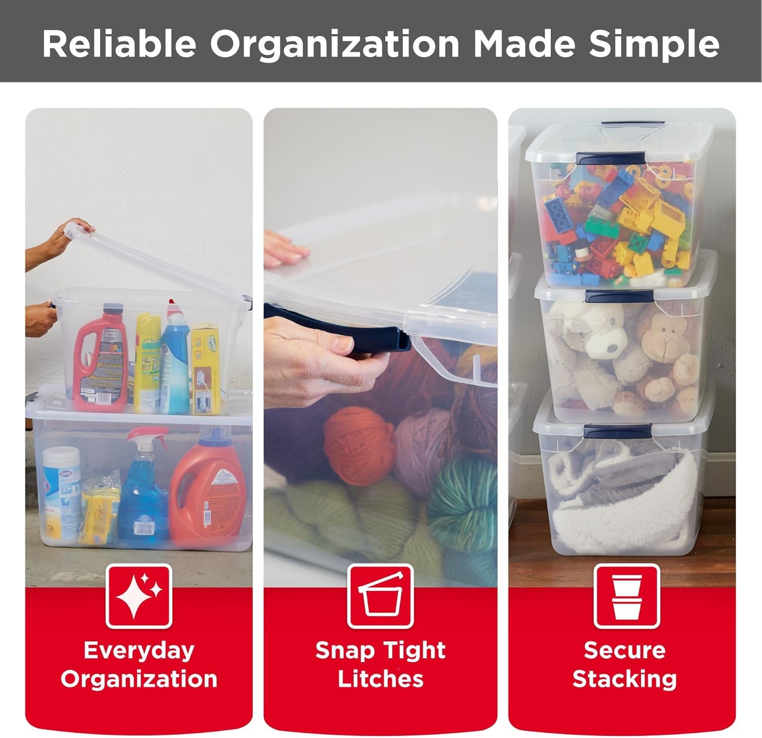 Rubbermaid Cleverstore Clear 32 Qt, 6 Pack Stackable Plastic Storage Bins with Lids, Great for Closet and Laundry Storage, Organizing in the Home - Image 3
